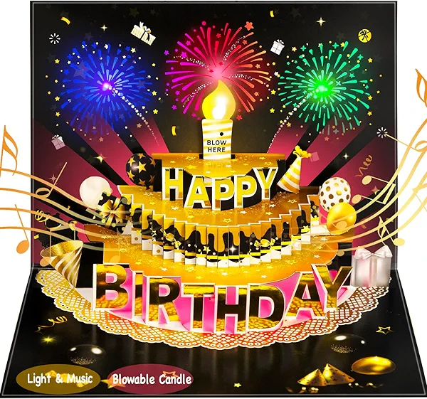 Bevbovcard Pop Up Birthday Cards for Men - LED Light & Music with Blow The Candle, 3D Balloons, Singing Happy Birthday gifts Card for Husband - Women, Kids, Son, Her, & Dad