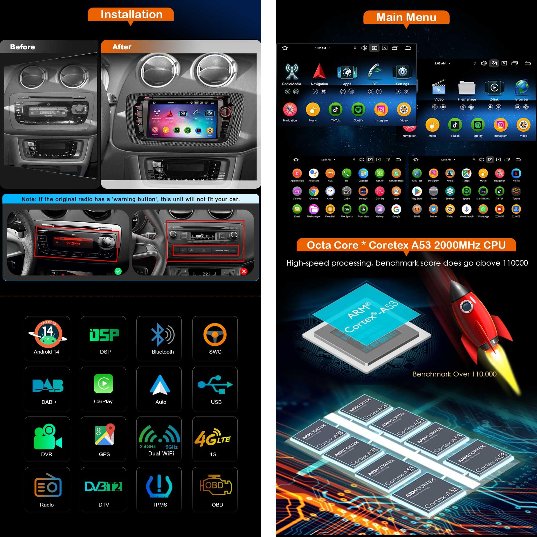 Erisin Android 14 8-Kern 4GB+64GB Autoradio GPS Navi für SEAT Ibiza 2009-2013 7 Zoll IPS Touchscreen Unterstützt Kabelloses CarPlay Android Auto DAB+ WiFi 4G Bluetooth 5.0 Canbus DSP USB OBD2 Radio