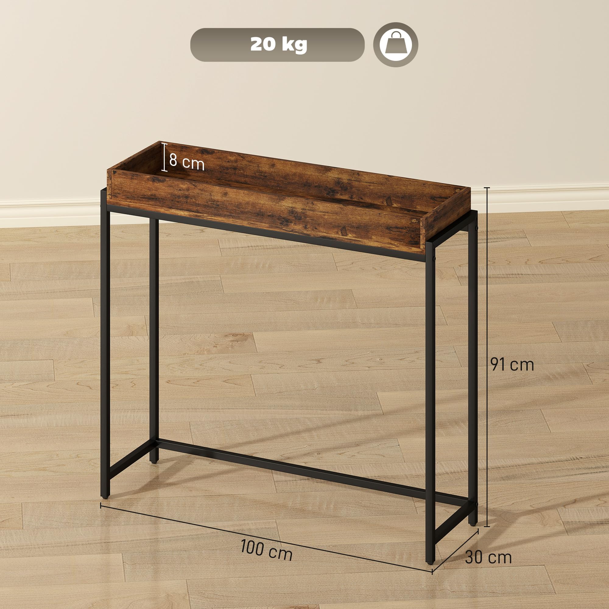 HOMCOM Konsola, stół do przedpokoju z poręczą, 100 x 30 x 91 cm, stolik pomocniczy z metalową ramą, stolik do sofy, mały stół wystawowy do małego pokoju, wejścia, korytarza, salonu, rustykalny brązowy