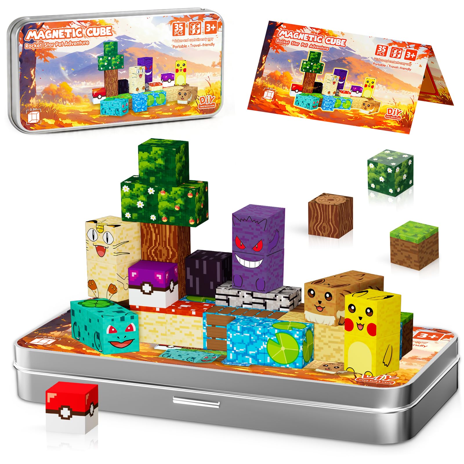 Mini Magnetic Travel Blocks Set 35 Pcs with Metal Storage Box as Play Base