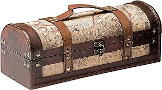 Twine Old World Wine Bottle Gift Box, Wooden Wine Box with Lid and Handle, Wood, Faux Leather, Antique Map Design, Holds 1 Bottle