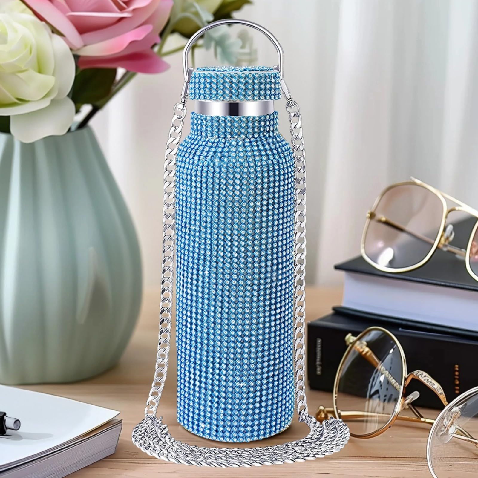 Wasserflasche aus Edelstahl 25 oz, doppelwandig isoliert, mit funkelndem Strassdesign, robust und leicht zu tragen, für heiße und kalte Getränke, ideal für Alltag, Büro, Fitness und unterwegs