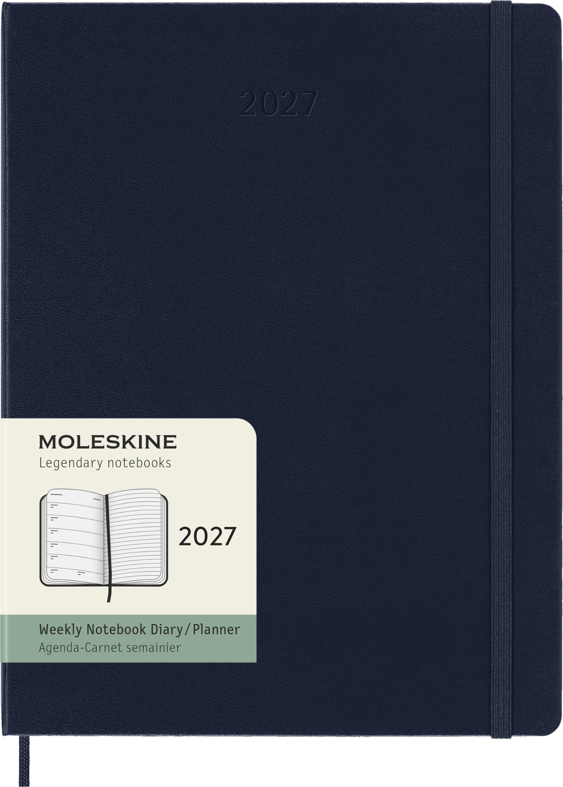 Moleskine Weekly Planner 2027, Hard Cover 12 Month Diary with Space for Notes and Elastic Closure, XL 19x25 Cm, Sapphire Blue