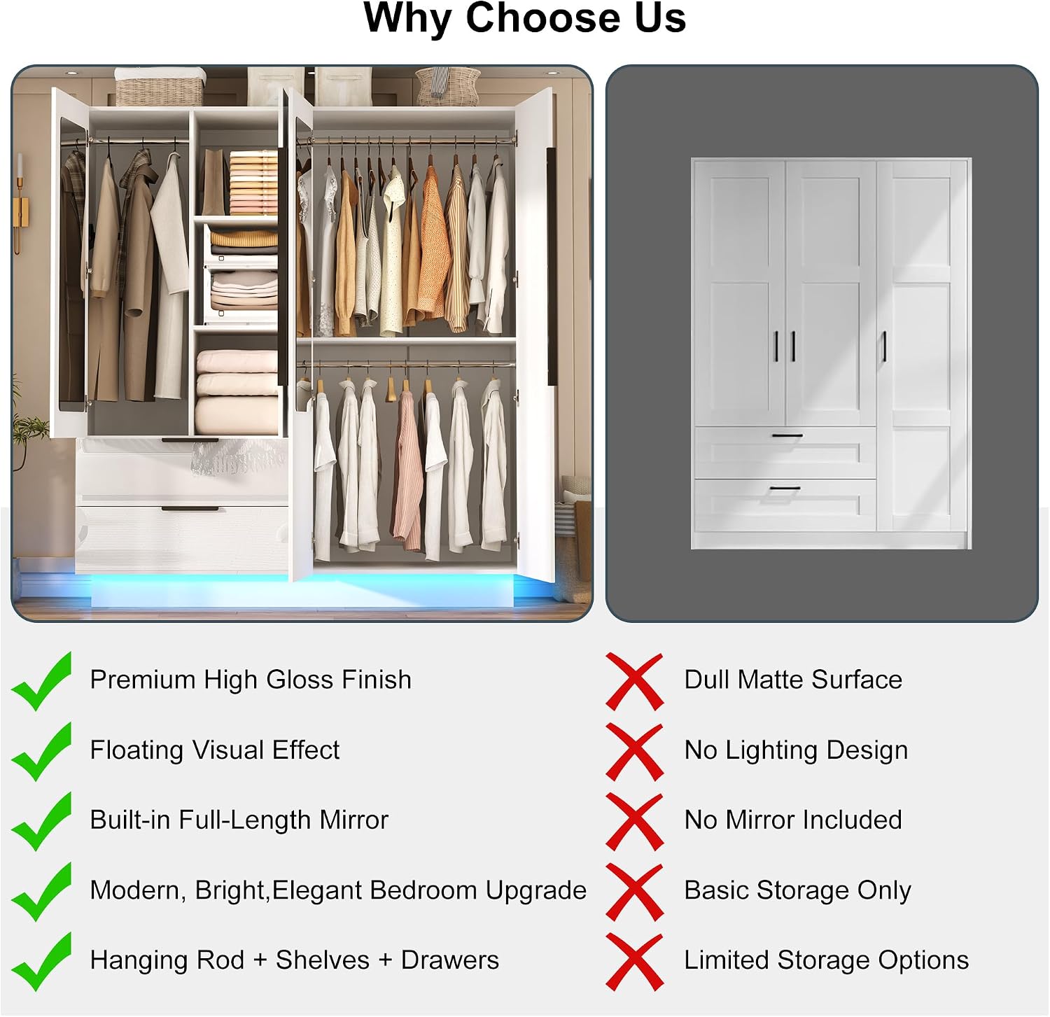 70” Tall 4 Doors High Gloss Armoire Wardrobe Closet 2 Mirror, LED Lights, 2 Drawers,63" Modern Closet Wardrobe Cabinet with Shelves and Hanging Rod, Freestanding Wooden Armoire for Bedroom,White