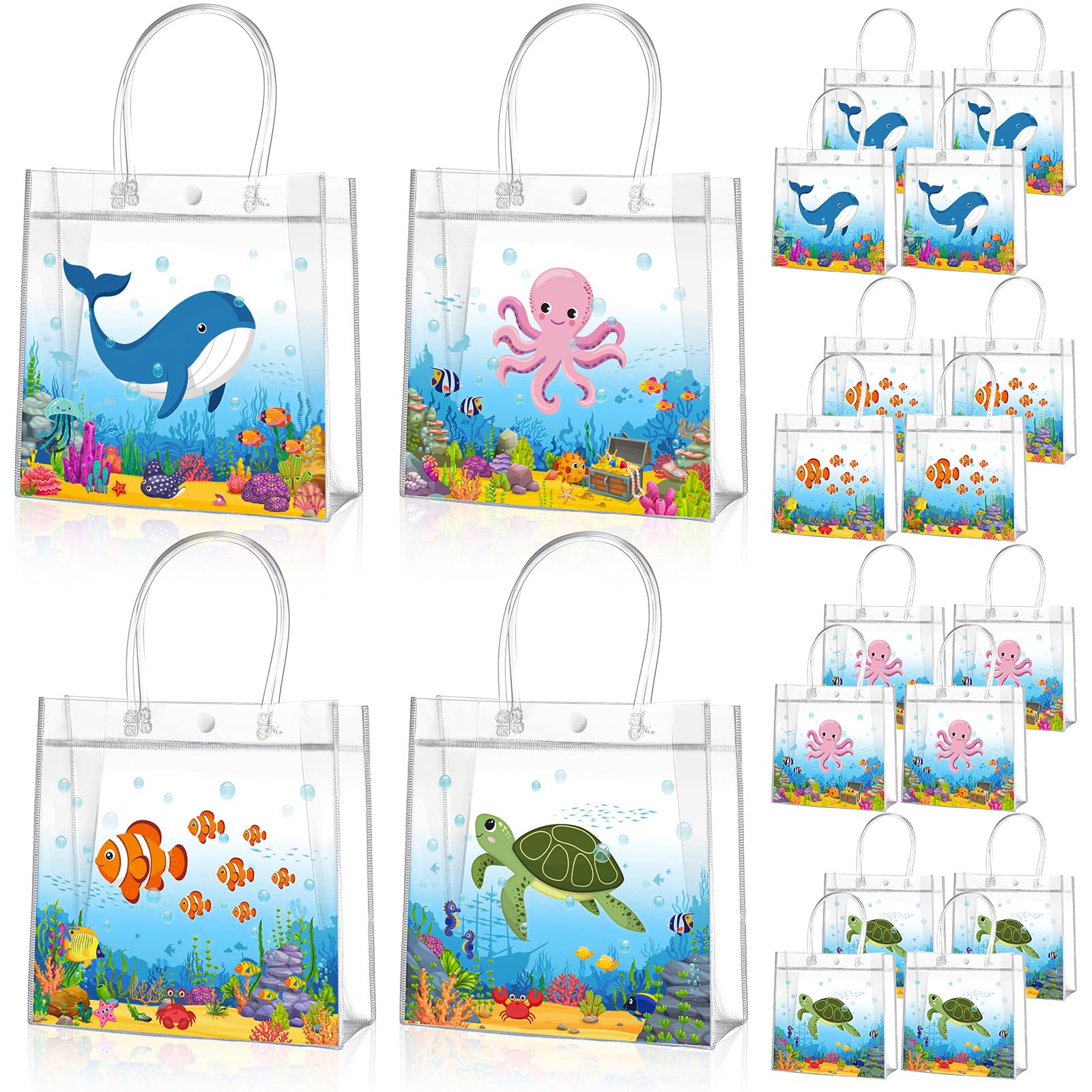 Aliceset 20 Pcs Under the Sea Party Clear Favor Bags with Handles Sea Party Candy Treat Bags Marine Ocean Animals Theme Goodies for Birthday Baby