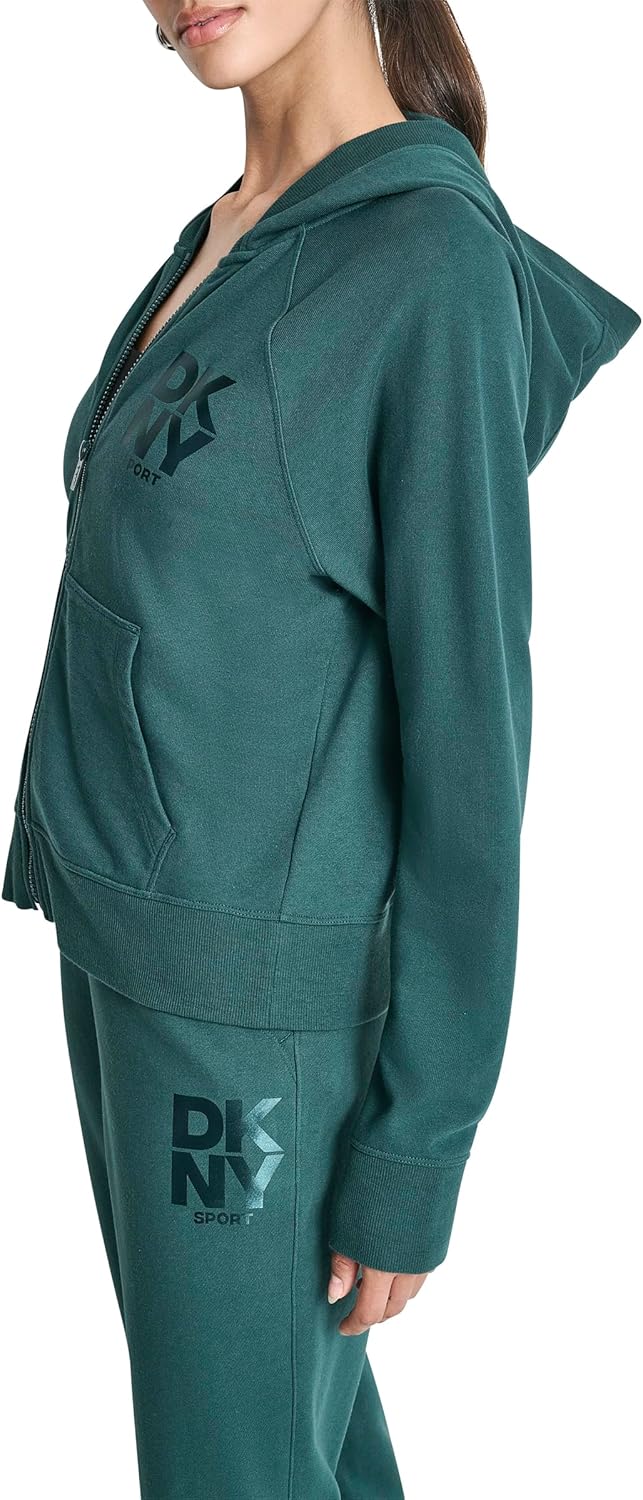 DKNY womens Stacked Satin Full Zip Logo Hoodie With Pockets - Image 3