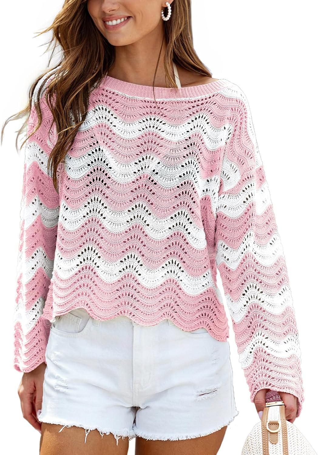 CUPSHE Women's Crochet Cover Up Long Sleeve Striped Beach Cover Up Top Summer Casual Knit Tops for Swimwear(Top Only)