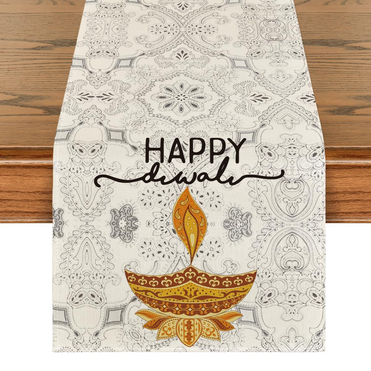 Artoid Mode Happy Diwali Table Runner, Festival of Light Marigold Holiday Kitchen Dining Table Decoration for Home Party Decor 13x48 Inch
