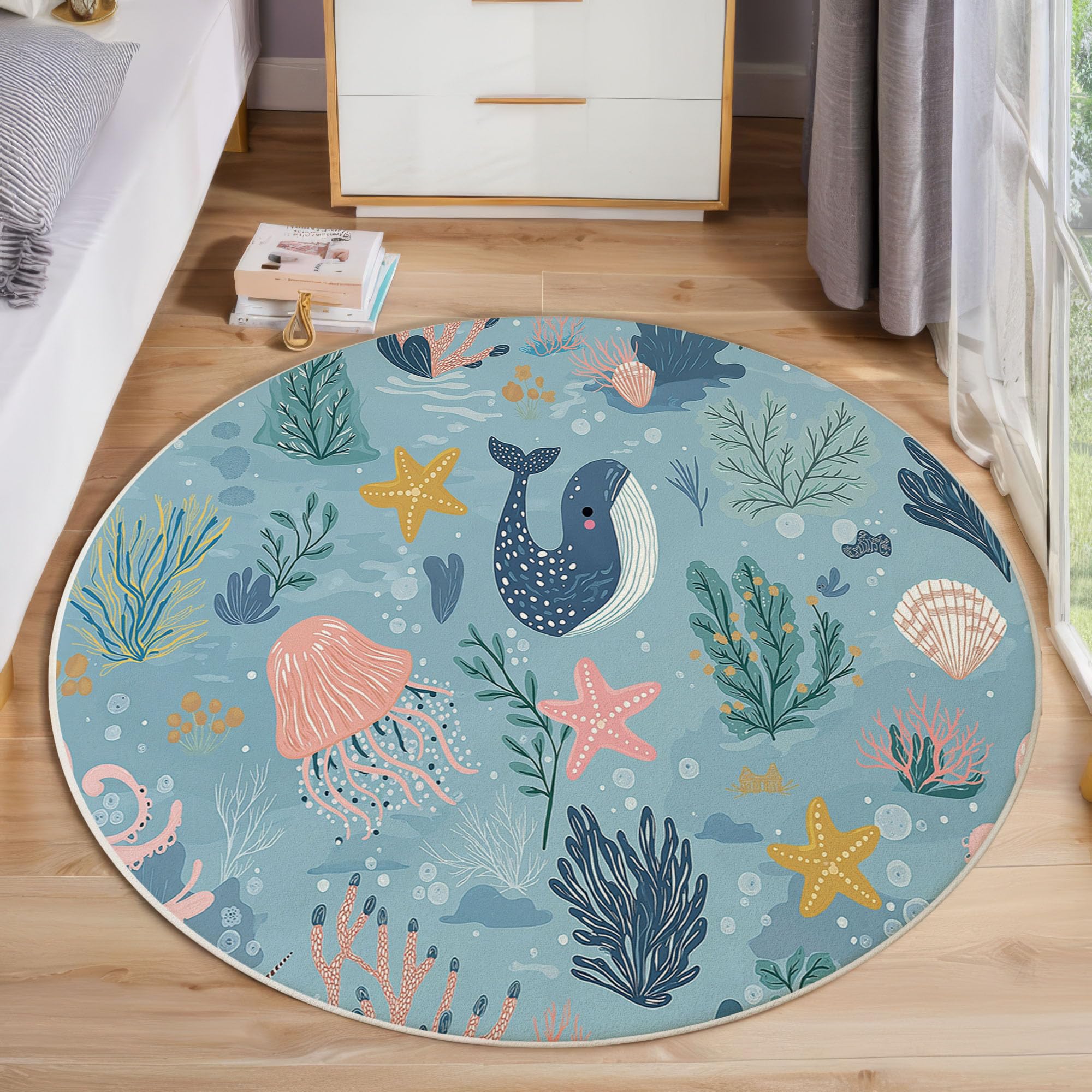 Tapis Rond Lavable en Machine Motif Baleine Méduse Décoration De Chambre pour Adultes Enfants, Joli Thème Océan Bleu Clair Antidérapant Doux Poils Ras Tapis Rond De Salon, 120 Cm