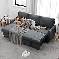 Walsunny L-Shaped Sectional Sofa Bed with Pull-Out Sleeper, Reversible Chaise & Storage, Dark Gray Couch for Living Room