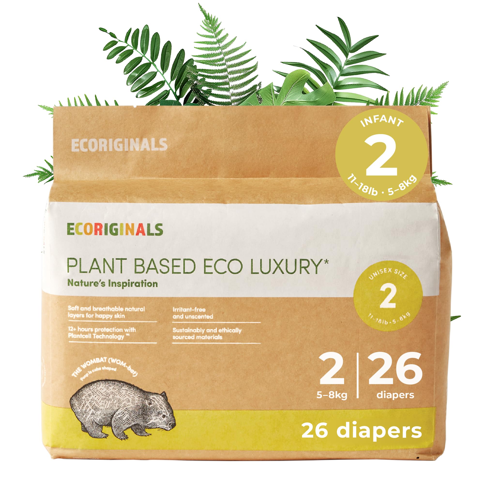 Ecoriginals - 26 Eco Infant Nappies Size 2 - Baby Nappies with 100% Plant-Based Layers, Disposable & Hypoallergenic Baby Essentials for Infant Babies - Secure Fit Baby Diapers (5-8Kg), 1 Pack