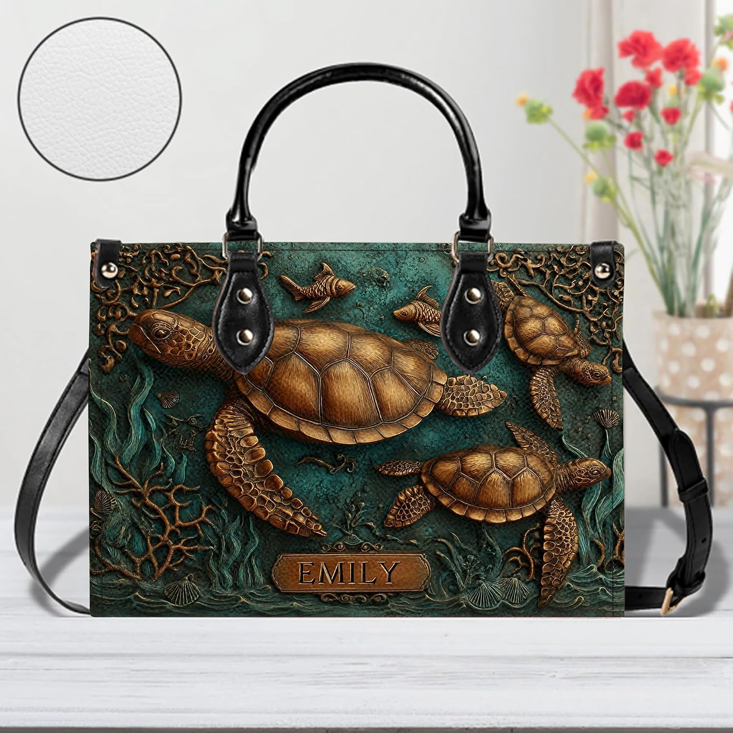 Personalized Animal Leather Handbag – Custom Name Flowers with 2D Print with 3D Effect – Gift for Gramma, Mom, Daughter | PU Leather, Strap Adjustable
