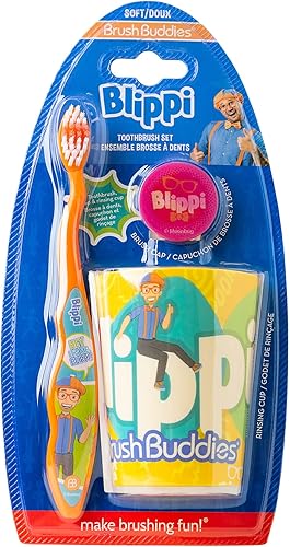Brush Buddies Blippi - Juego de cepillos de dientes de 3 piezas juego de cepillos de dientes para niños cepillo de dientes tapa de cepillo de