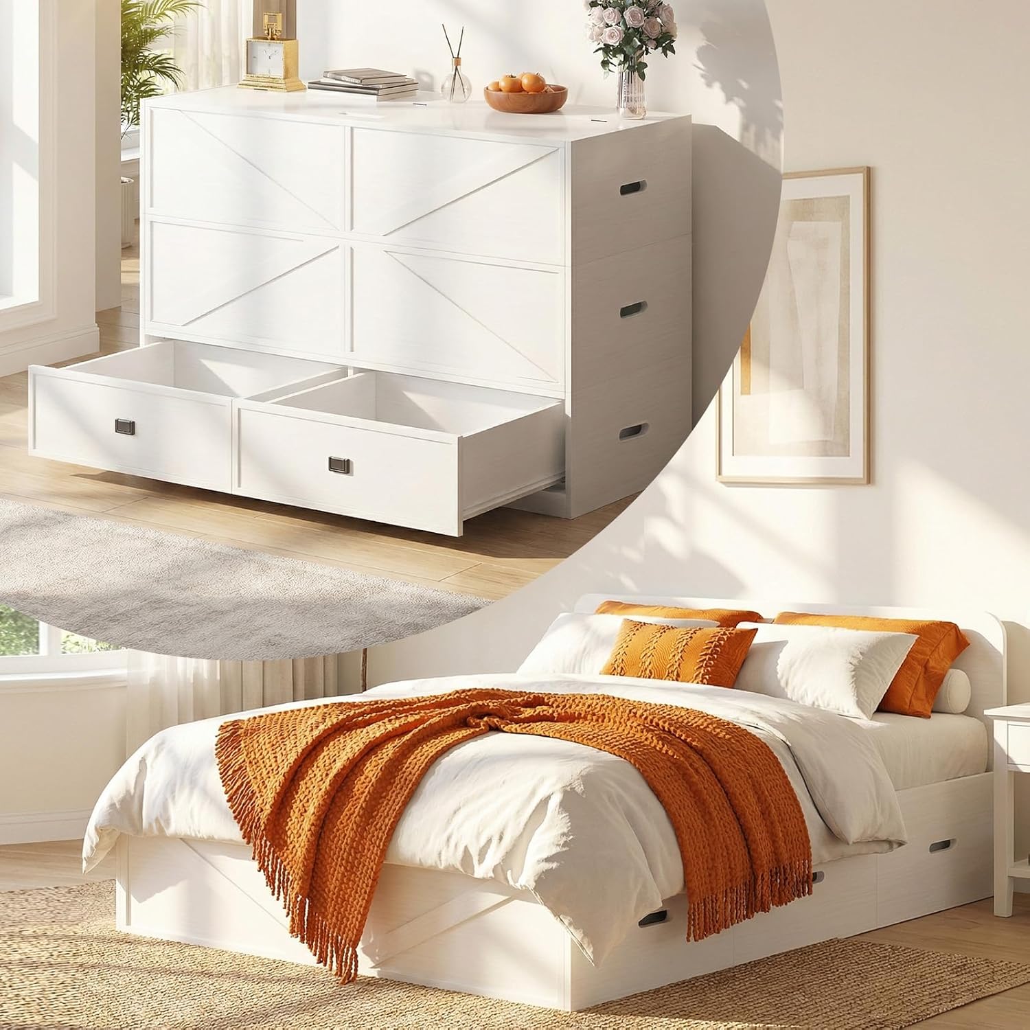 ijuicy 4-in-1 Queen Murphy Bed with Mattress Included & Extra Large Drawers, Multifunctional Cabinet Bed That Converts to Sofa Set for Small Spaces/Guest Bedroom/Living Room, White