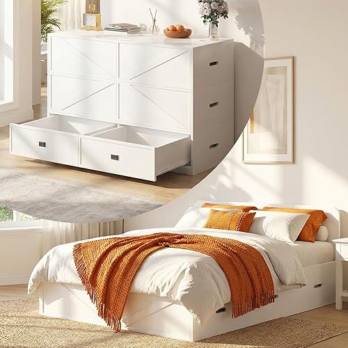 Miniatura 4 de ijuicy Cama Matrimonial Murphy 4 en 1 con colchón incluido y cajones extragrandes, cama multifuncional que se convierte en sofá para espacios
