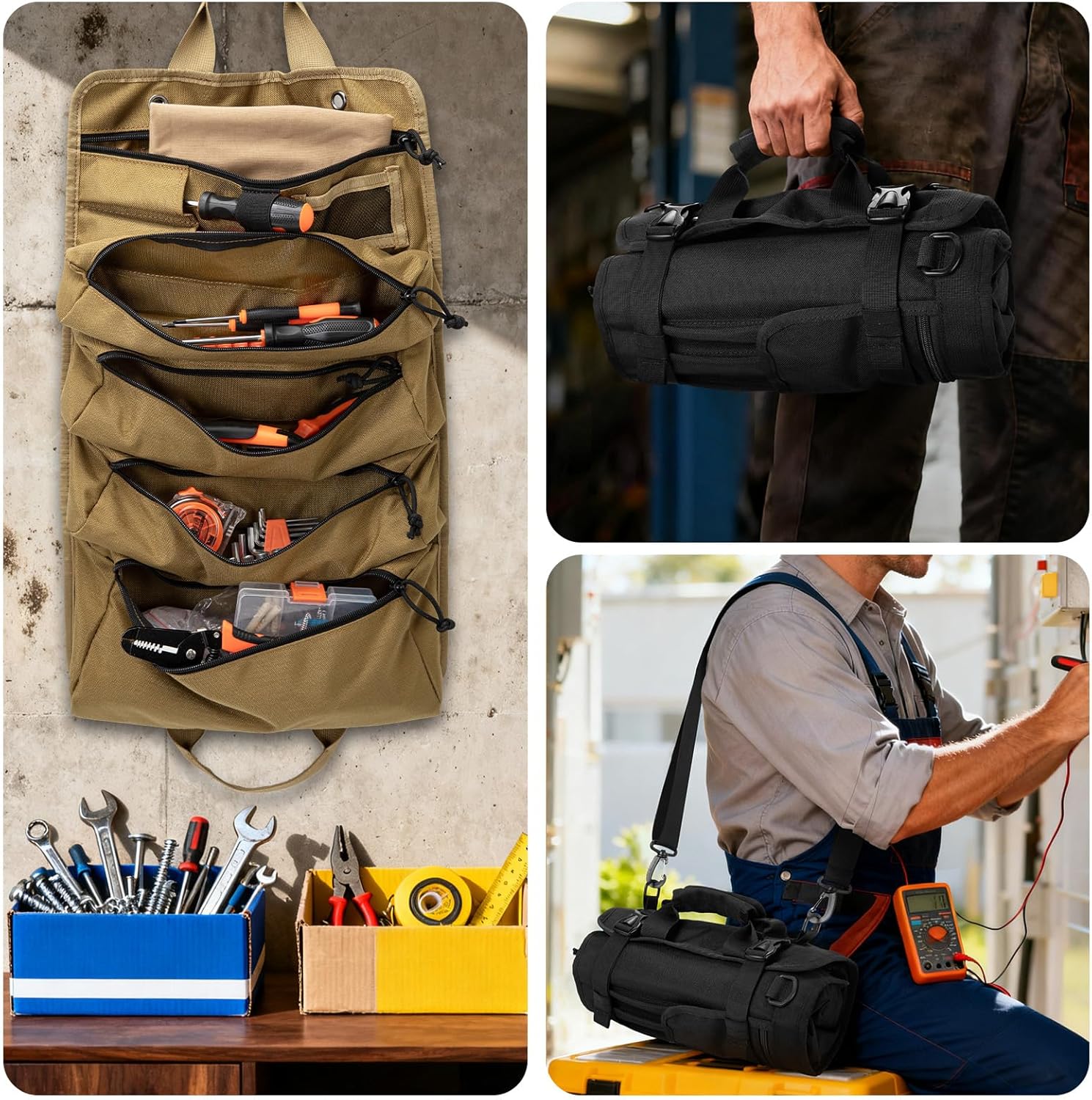 Roll up Tool Kit, Portable Large Capacity Tool Storage, Multi functional Tool Storage Organizer Roll up Carrying Tool Kit Gifts for Men, Electricians, Machinists, and Plumbers