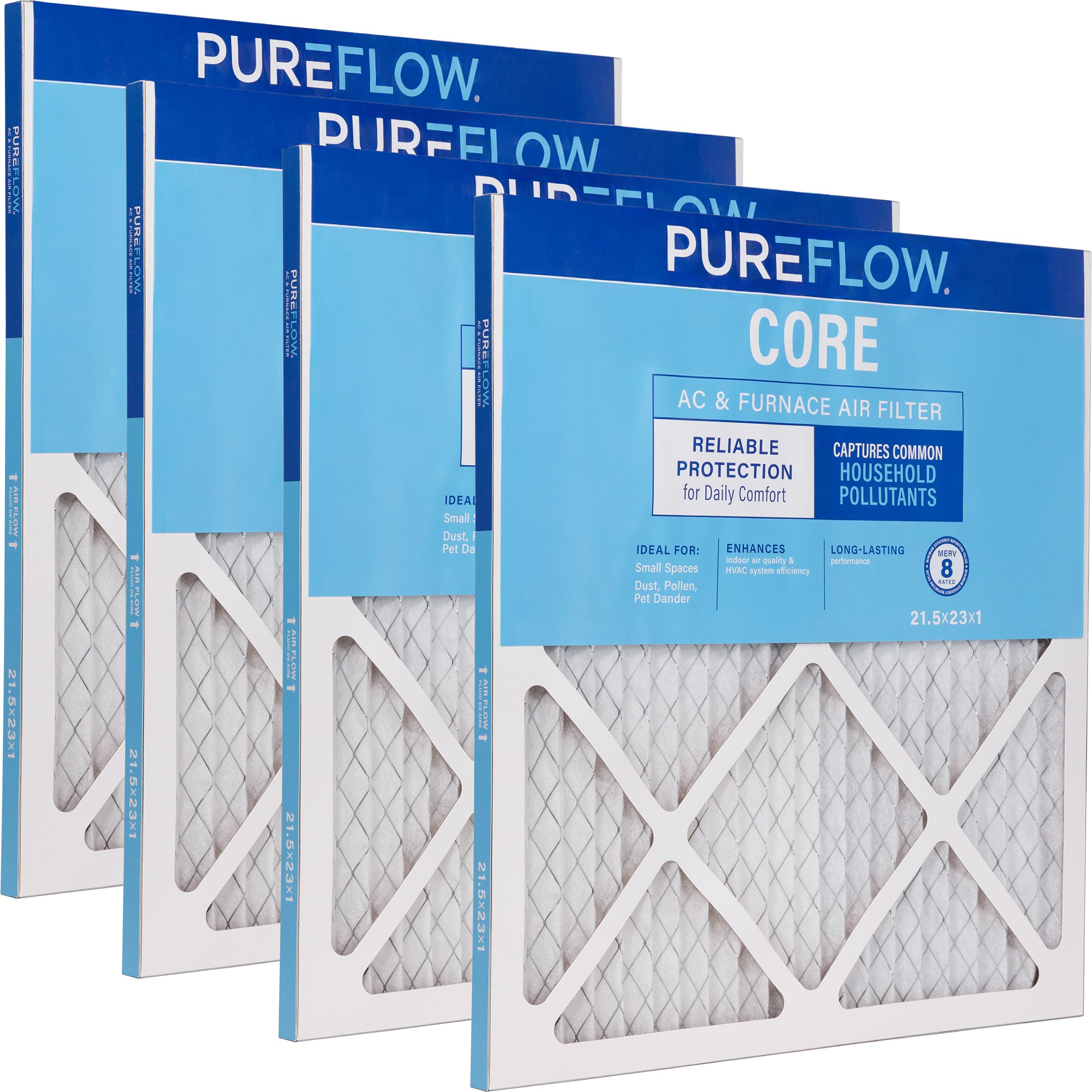 PUREFLOW Home Air Filter MERV 8, 21.5x23x1 Furnace Filter, 4 Layer High Efficiency Filtration for Dust, Smoke, Fumes, Pollutants (4-Pack)