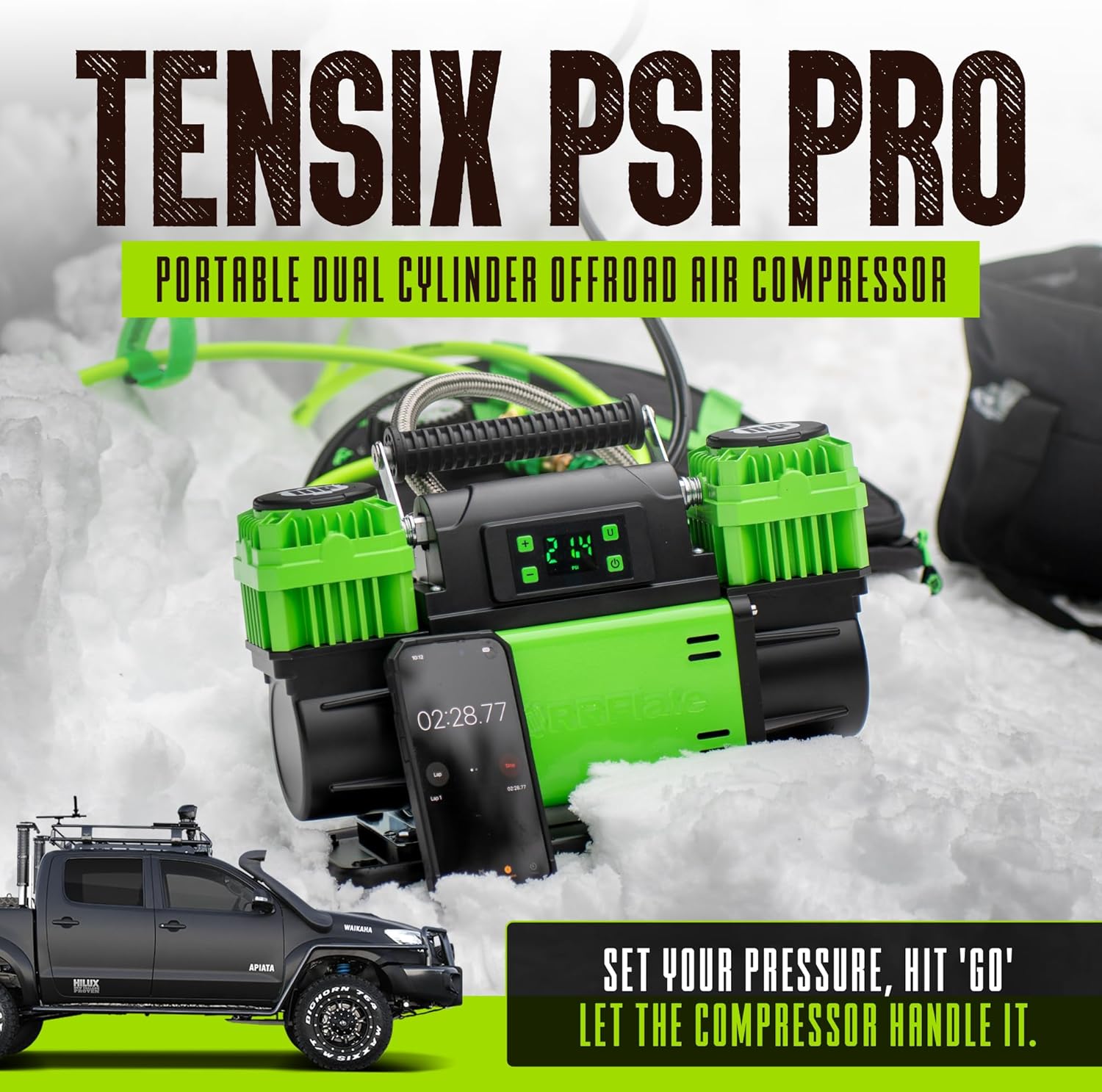 MORRFlate TenSix PSI Pro 12 Volt Air Compressor Heavy Duty - 10.6 CFM Portable Dual Cylinder Off Road Air Compressor with PSI Pro Technology - 4FT Stainless Steel Hose - Includes Carry Bag & Gloves - Image 2