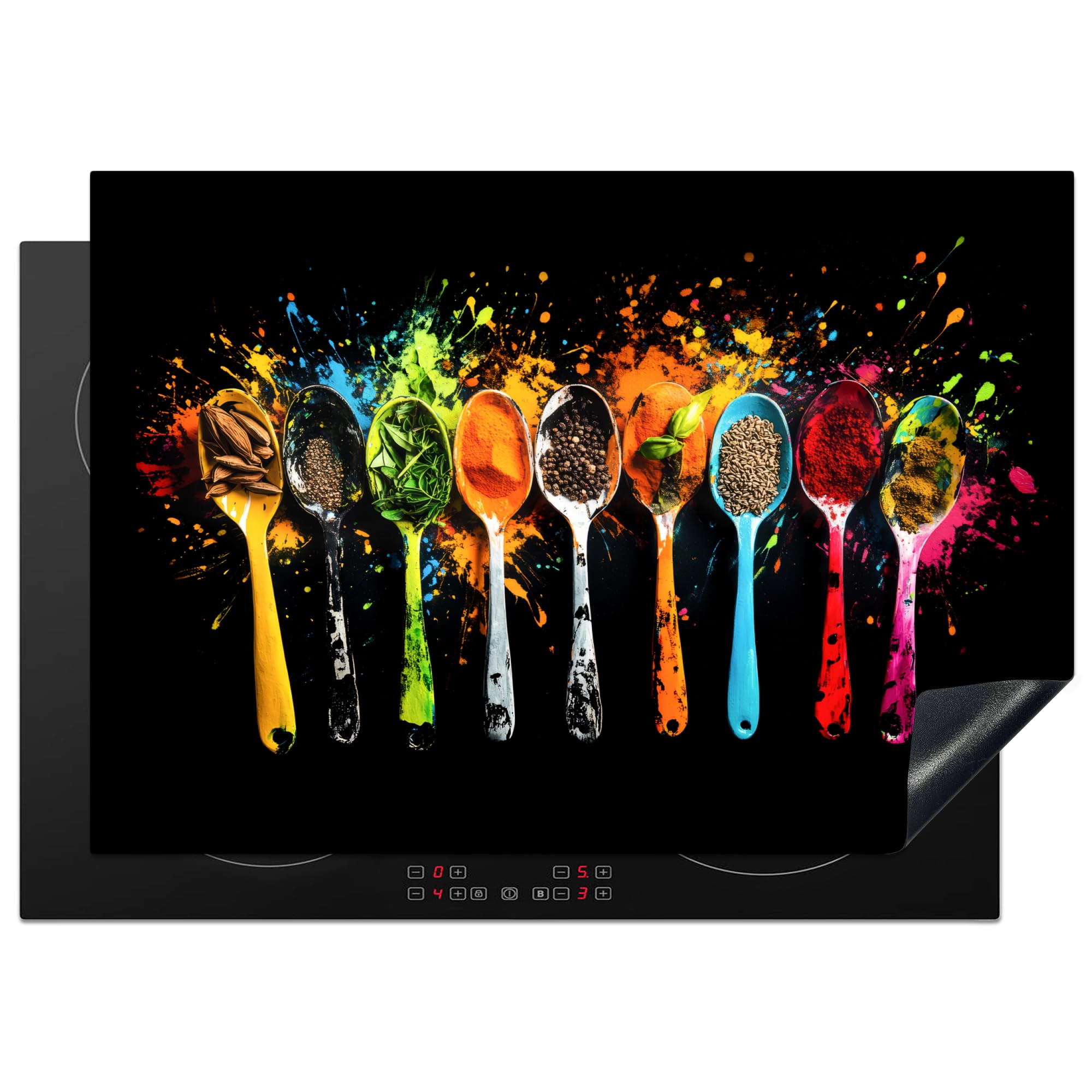 KitchenYeah© Induction Hob Protector Mat 20.5"x29.5" / 75x52 cm Stove Cap Top Cover Kitchen Cooker Covers for Electric Hobs Vinyl Spoons - Spices - Modern - Graffiti - Colourful