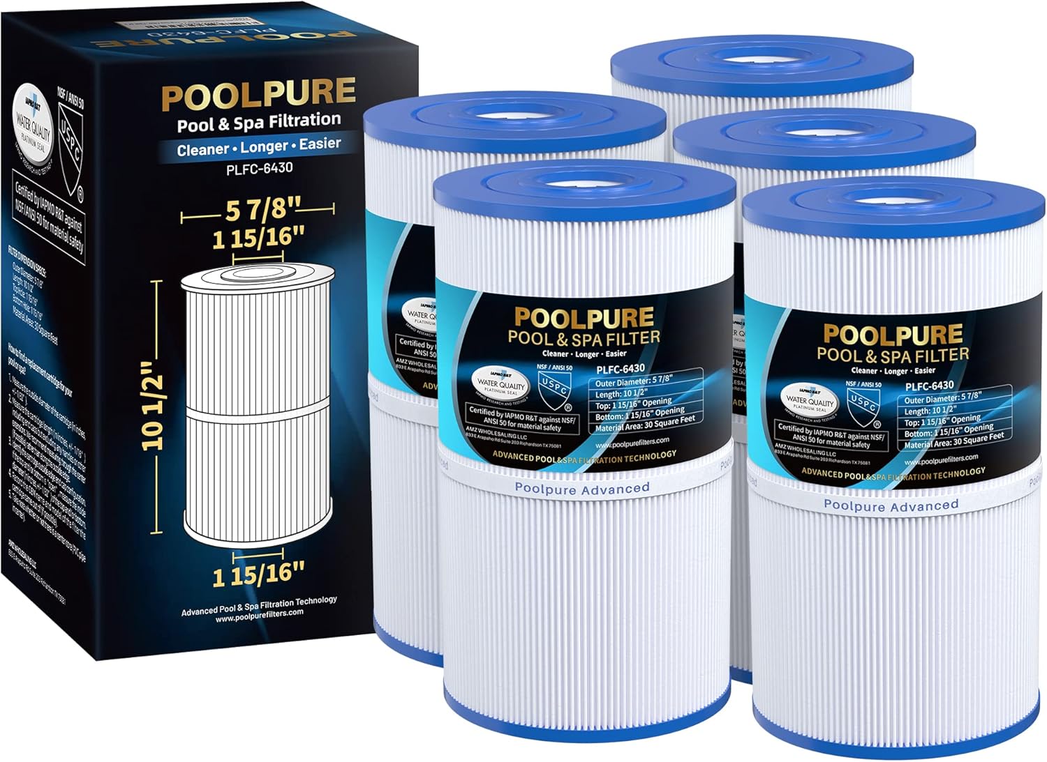 POOLPURE C-6430 Spa Filter Replaces Watkins 31489, Pleatco PWK30, Filbur FC-3915, P/N0969601, 71825, 73178, 73250, 30 sq. ft. Hot Spring Spa Filter 5 Pack Pack of 5
