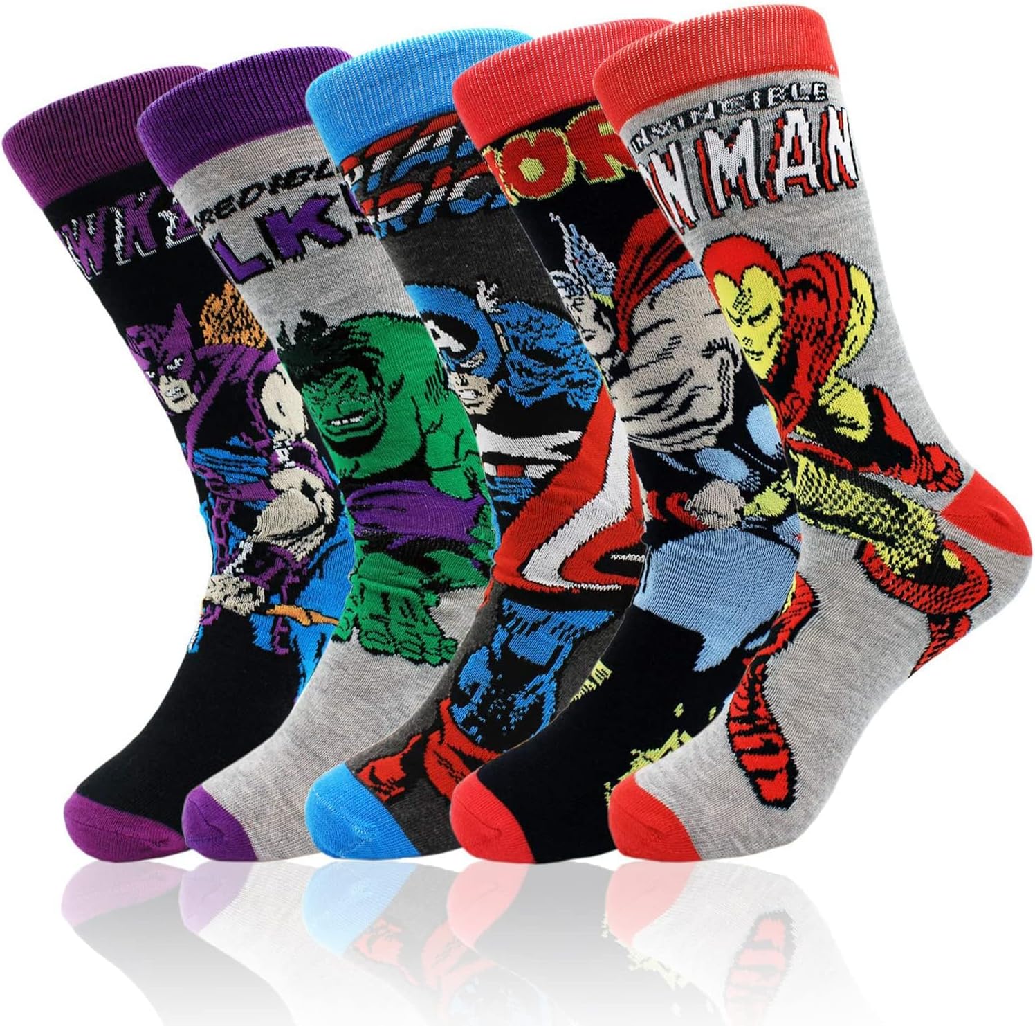 MAKINGTEC 5 Pack Marvel Cartoon Funny Socks, Crazy Socks Novelty Colorful Avengers Superhero Crew Socks, Character Crew Socks for Men