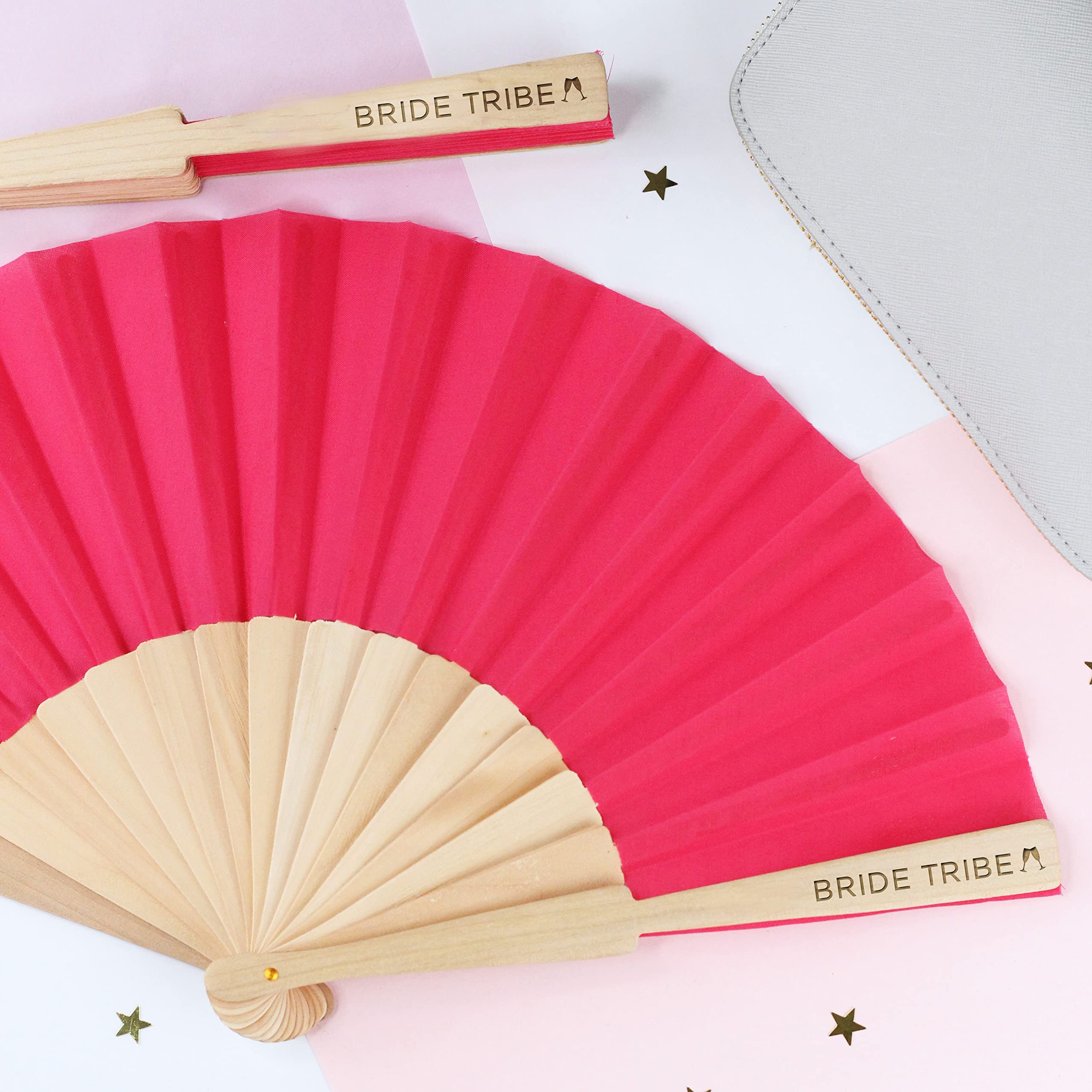 eBuyGB Pink Folding Handheld Bride Tribe Fan, Wooden Hen Do Fan, Bridal Party Favours for Hen Party Abroad, Girls Weekend, Pool Party, Destination Wedding (Sample)