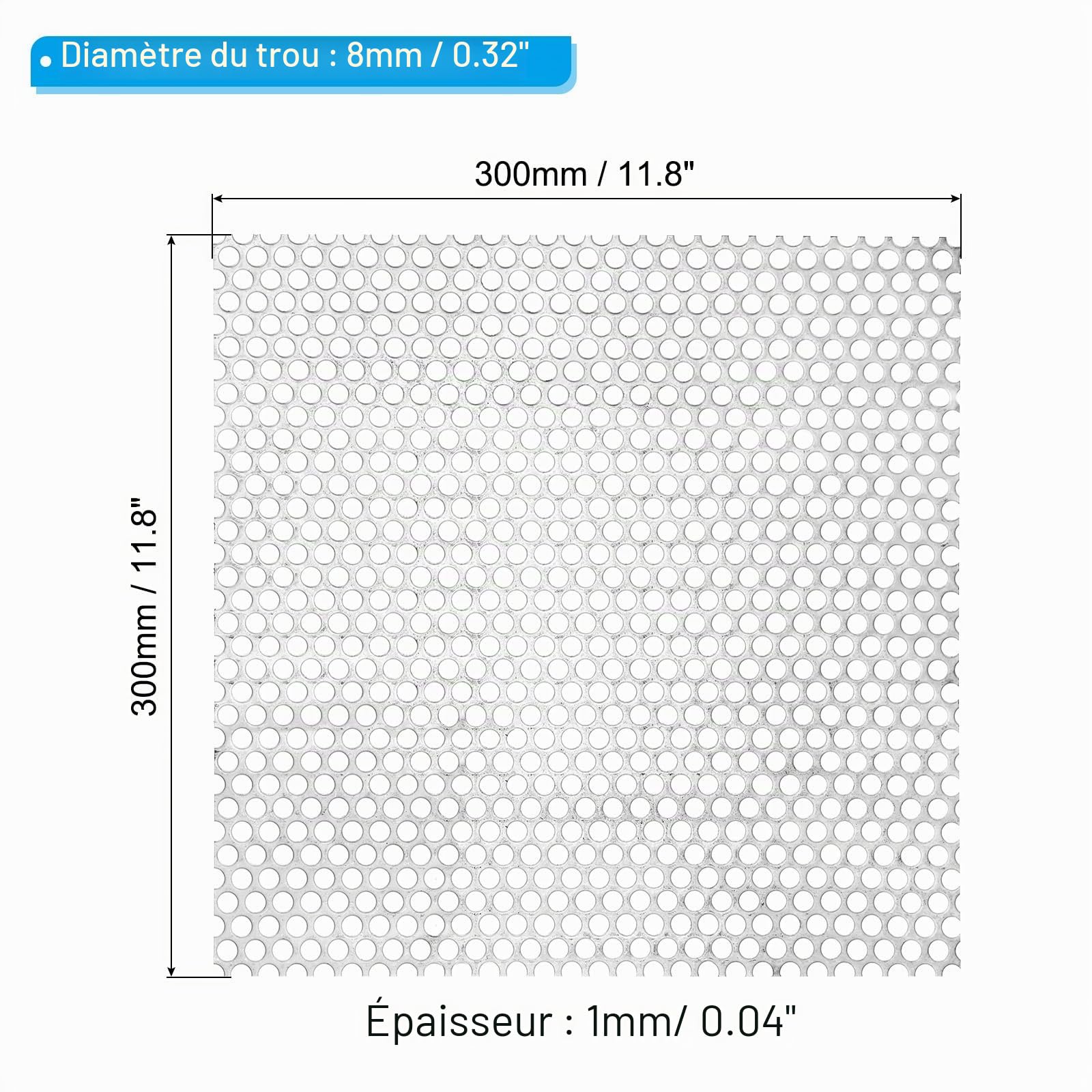 PATIKIL 11,8" x 11,8" 304 Inox Acier Perforé Tôle, 0,32" Trou 19GA Extendu Métal Maille Plaque Écran Décoratif Mailles pour Ventilation Grill Fumer