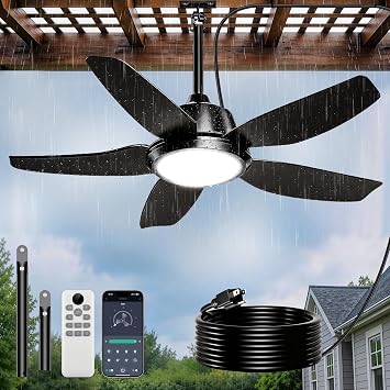 42 Inch Outdoor Ceiling Fan with Lights, IP65 Waterproof, APP & Remote Control, Dimmable 3CCT LED, 6-Speed Quiet DC Motor, Hanging Gazebo Fan Black Plug in Ceiling Fan with Cord for Patios Porch