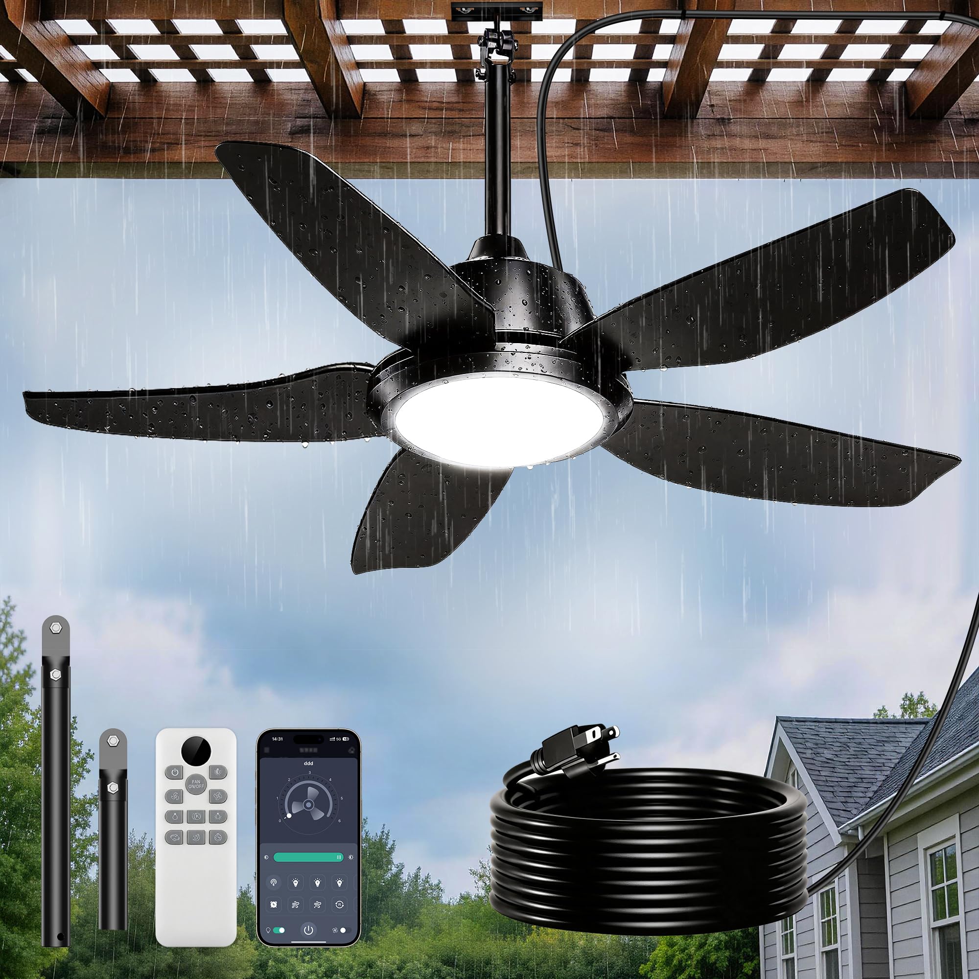 Ventilador de Techo Exterior de 106,7 cm con Luces, Resistente al Agua IP65, Control APP y Remoto, LED 3CCT Regulable, Motor DC Silencioso de 6 Velocidades, Ventilador Colgante para Gazebo, Enchufe