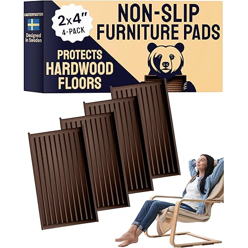 CasterMaster Anti Slip Furniture Pads Rectangular Rubber Caster Cups - 2 x 4 in Brown Pack of 4 - Non Slip Floor Protectors for Chairs & Hardwood Floors - Quiet Rubber Feet