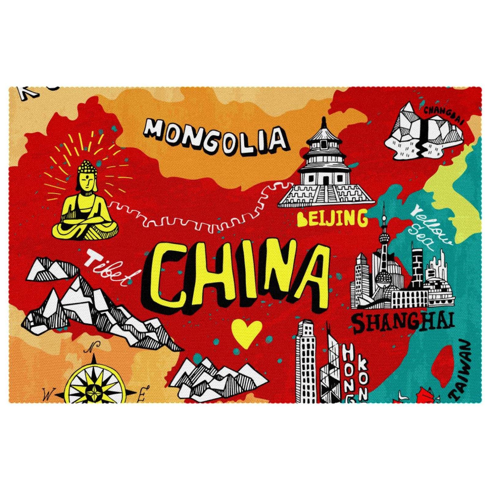 Sets de table en forme de carte de la Chine lavables et antidérapants pour repas chic