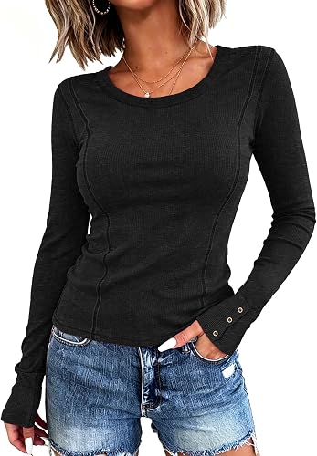 KINLONSAIR Women's Long Sleeve Ribbed Knit Top with Button Sleeve Detail Slim Fi