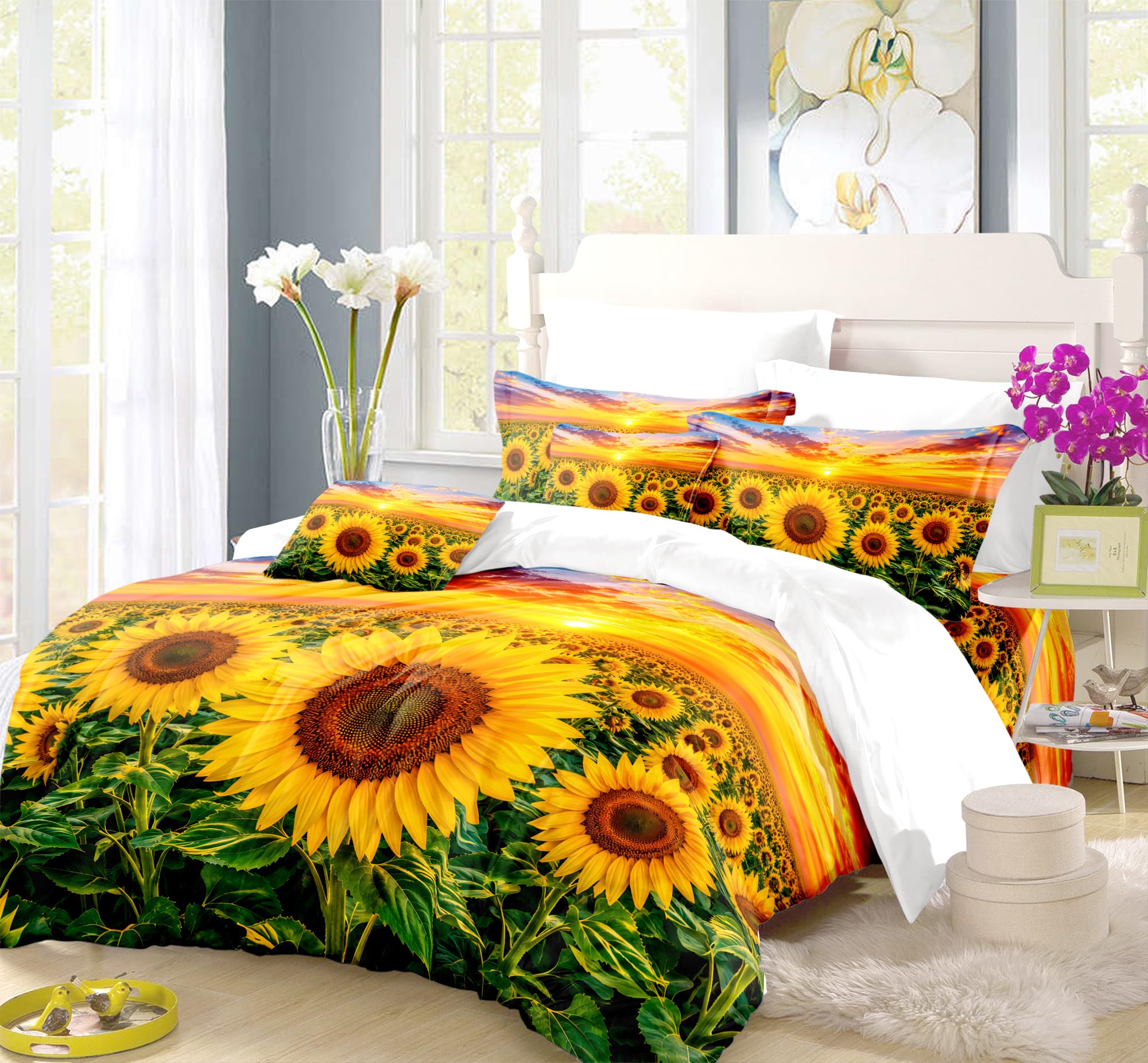 REALIN Set Biancheria Letto Girasole Copripiumino Oro Verso Il Sole 2/3/4PCS Copripiumini/Lenzuola/Federe,Singolo,Matrimoniale,King