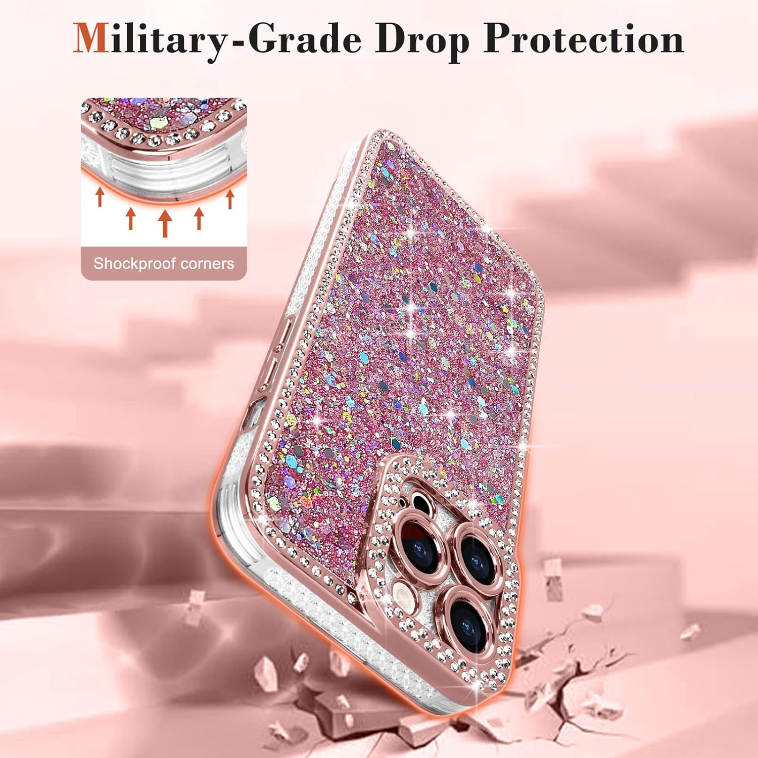 Lafunda for iPhone 15 Pro Max Case Glitter, Luxury Shiny Bling Sparkly Bumper Cover with Crystal Diamonds for Women Girls Soft Slim Shockproof Protective Phone Case for iPhone 15 Pro Max 6.7", Pink - Image 3