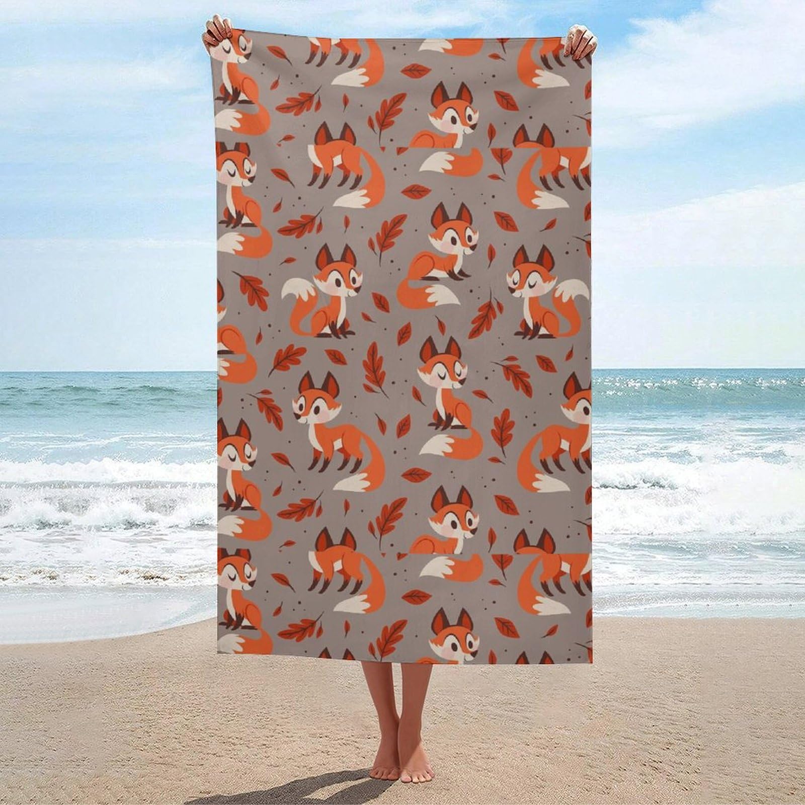 LEDFCVSU Beach Towel, Cartoon Fox Bath Towel, Absorbent Towel for Swimming, Sports, Travel