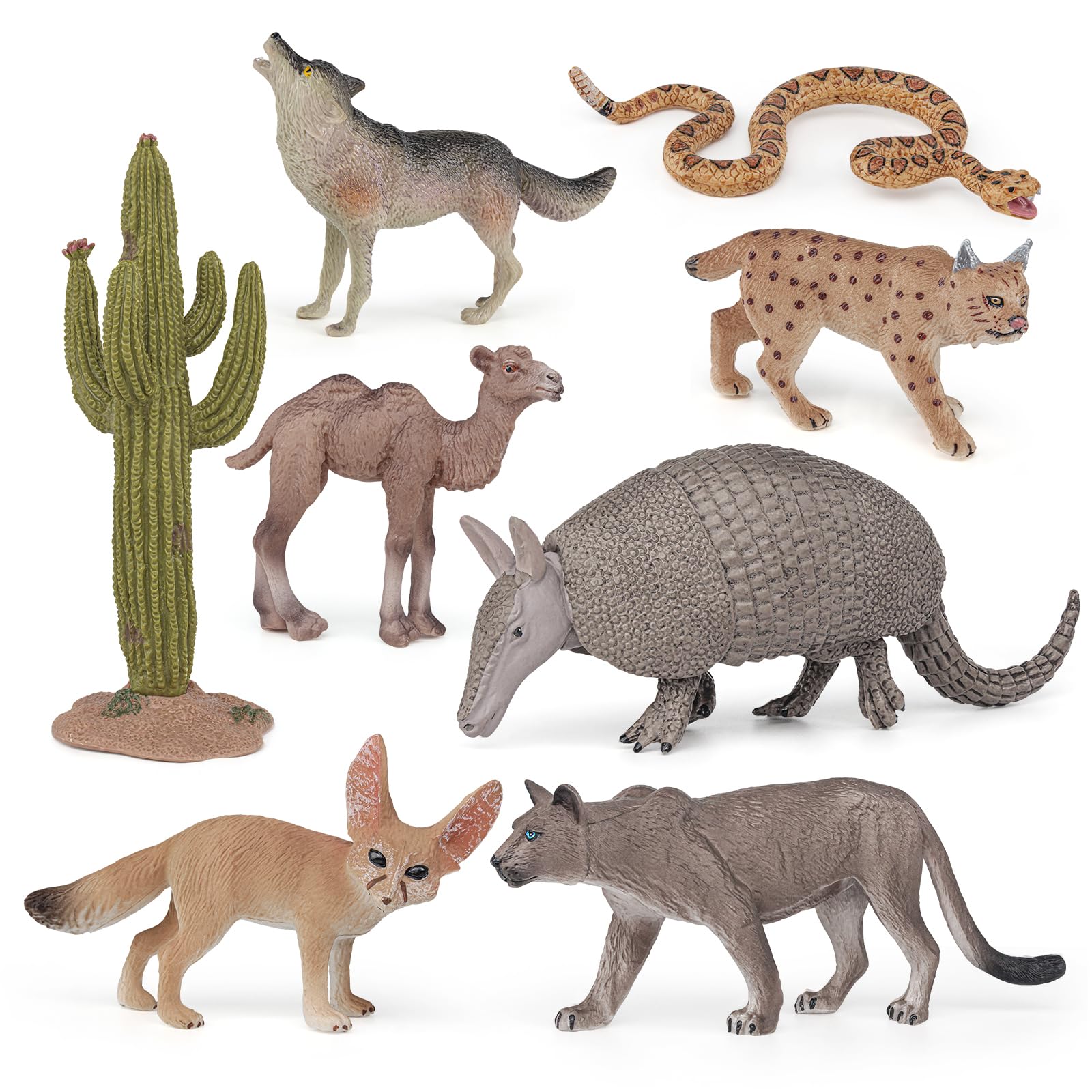 Desert Wild Animal Model Figures Playsets 8 PCS Cactus Armadillo Camel Fennec Fox Snake Meerkat Lynx Wolf Figurines Decoration Set Toys for Boys Girls Kids