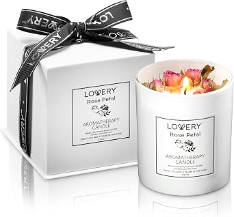 LOVERY Rose Scented Candle with Dried Flowers, 9oz Soy Wax Home Scented Candles, 55h Long Lasting Burn, Aromatherapy Gifts for Women