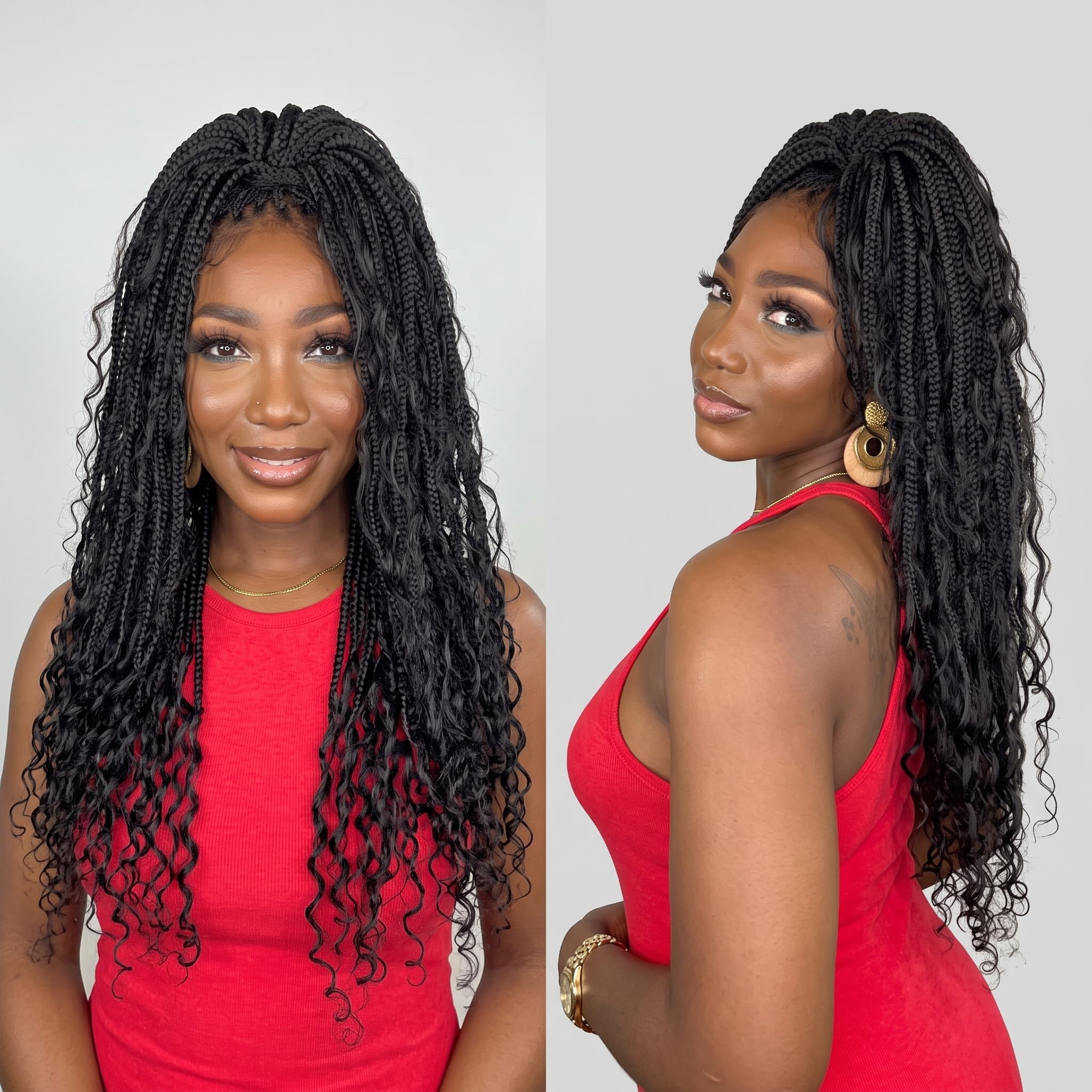 JALIZA Triangle Base Human Hair Boho Curls 34" HD Full Lace Knotless Boho Box Braided Wig Full Density 99 Strands - Black wig Black 1B - 34''
