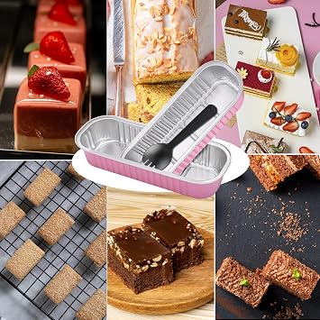 Mini Loaf Baking Pans with Lids and Spoons 50 Pack, 6.8oz Aluminum Foil Rectangle Baking Cups Disposable Ramekins Cupcake Containers with Sealing Stickers for Dessert Cake Bread (Pink)