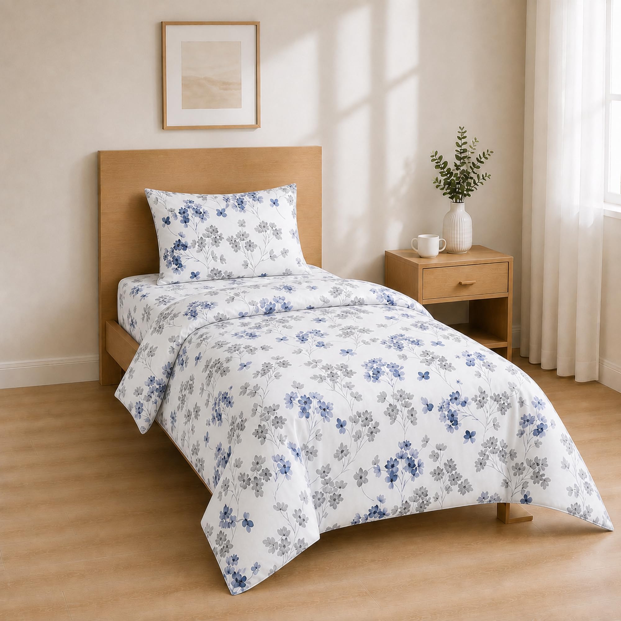Complete Bedding Set 90 x 200 + 30 / 160 x 280 cm + 50 x 80 cm 1 Pieces Floral Blue Grey