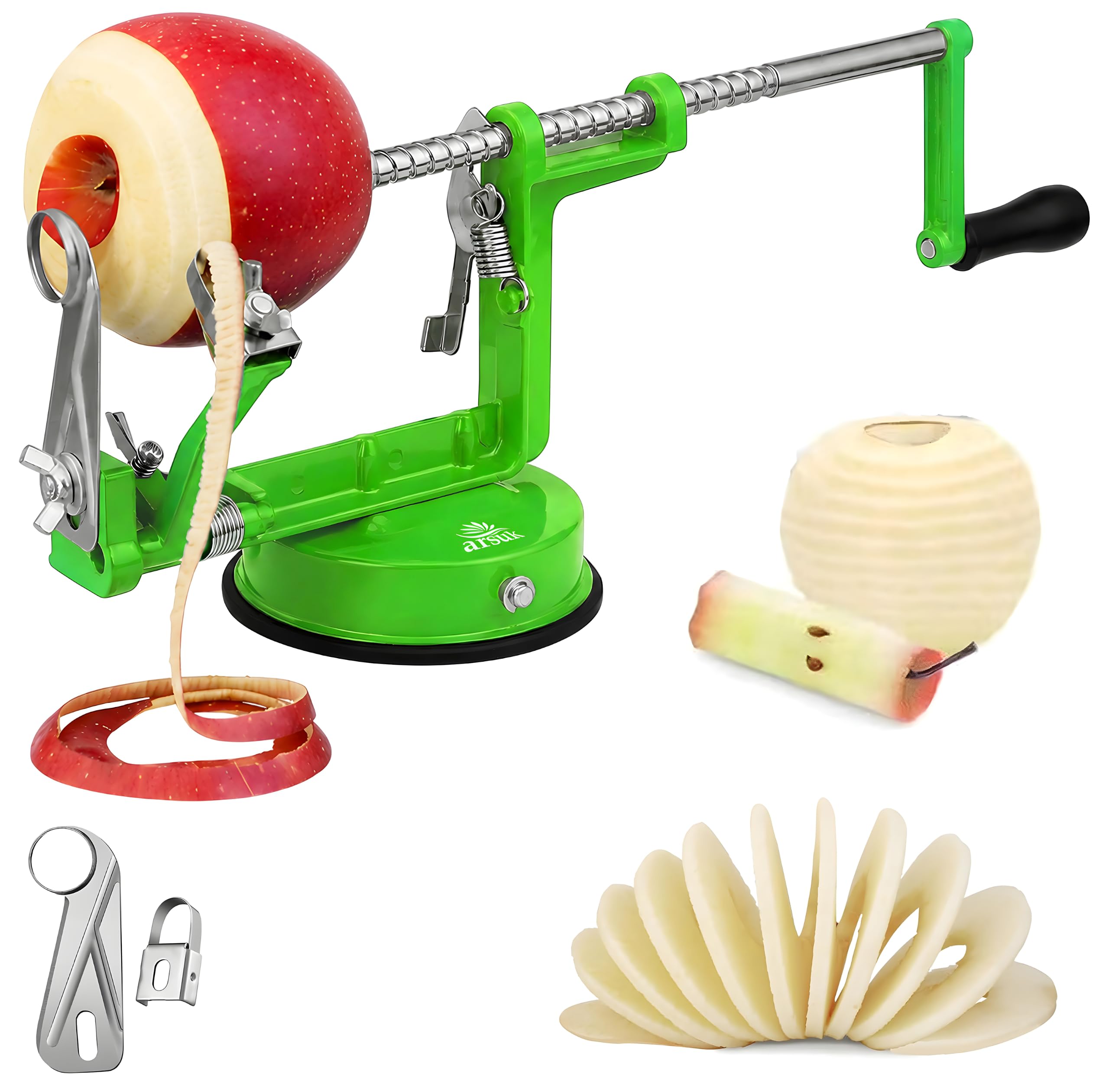 ARSUK Apfelschäler 3-in-1, Edelstahl Apfelschneider mit Saugfuß, Schäler, Entkerner und Schneider, Verstellbarer Schälarm, Spülmaschinenfest, Ideal für Äpfel, Birnen und Kartoffeln