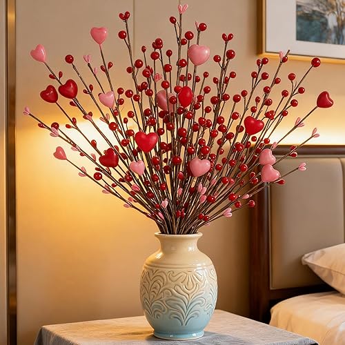 Miniatura 6 de Regalos para el día de San Valentín, paquete de 6 selecciones del día de San Valentín, tallos de bayas con corazones rosados para decoración,