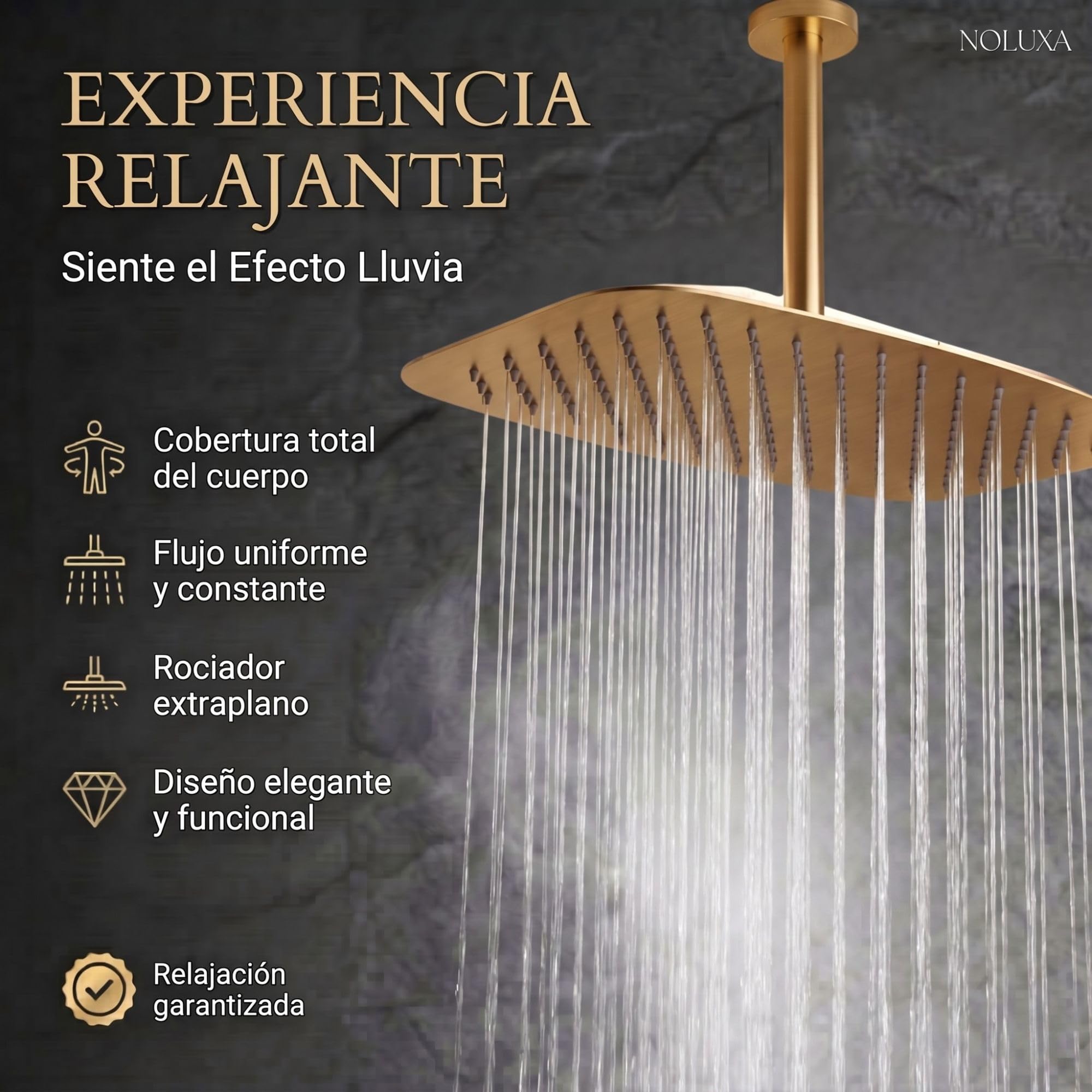 IMEX - Ducha Empotrada Techo Termostática Dorada | Conjunto Empotrado de Grifería con Alcachofa y Rociador Antical Efecto Lluvia | Ducha Empotrada con Grifo en Latón y Acero Inox S.304 | Serie Arezzo
