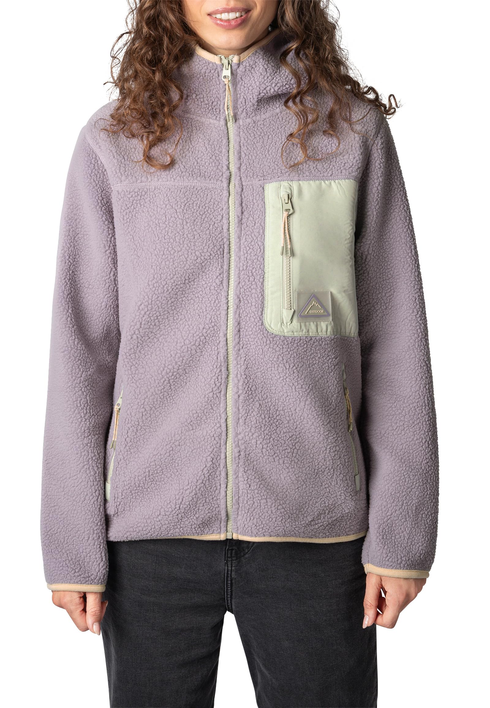 Sublevel Damen Teddy Fleecejacke – Kuschelige Jacke mit Kapuze und Kontrastfarbenen Brusttaschen, Perfekt für den Alltag Purple XXL