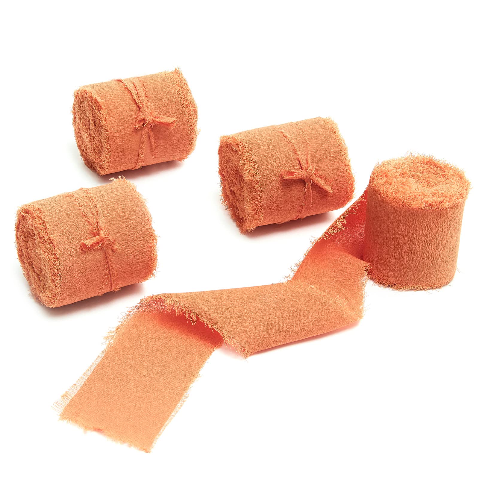 Jeuhoue4 Rolls 1.5"W x 5Yd Orange Handmade Fringe Chiffon Silk Ribbon, Frayed Edges Ribbon for Wedding Invitations, Bridal Bouquets, Gifts Wrapping, DIY Crafts,Bow Making(1.5"x20Yd Orange)