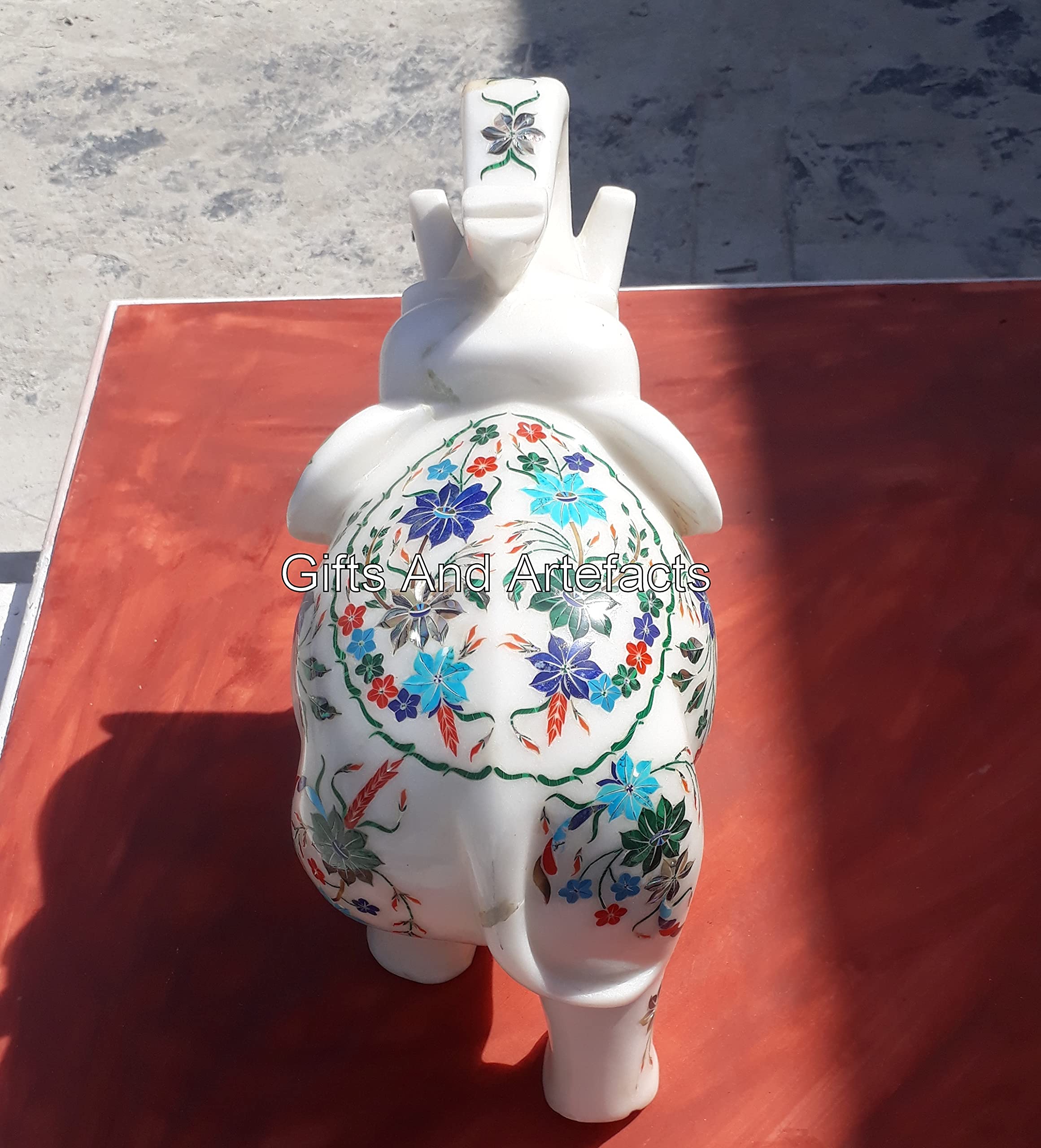 Estatua de elefante de piedras semipreciosas con incrustaciones de trabajo de mármol blanco de 8 pulgadas, escultura de elefante de buena suerte para regalo de inauguración de la casa
