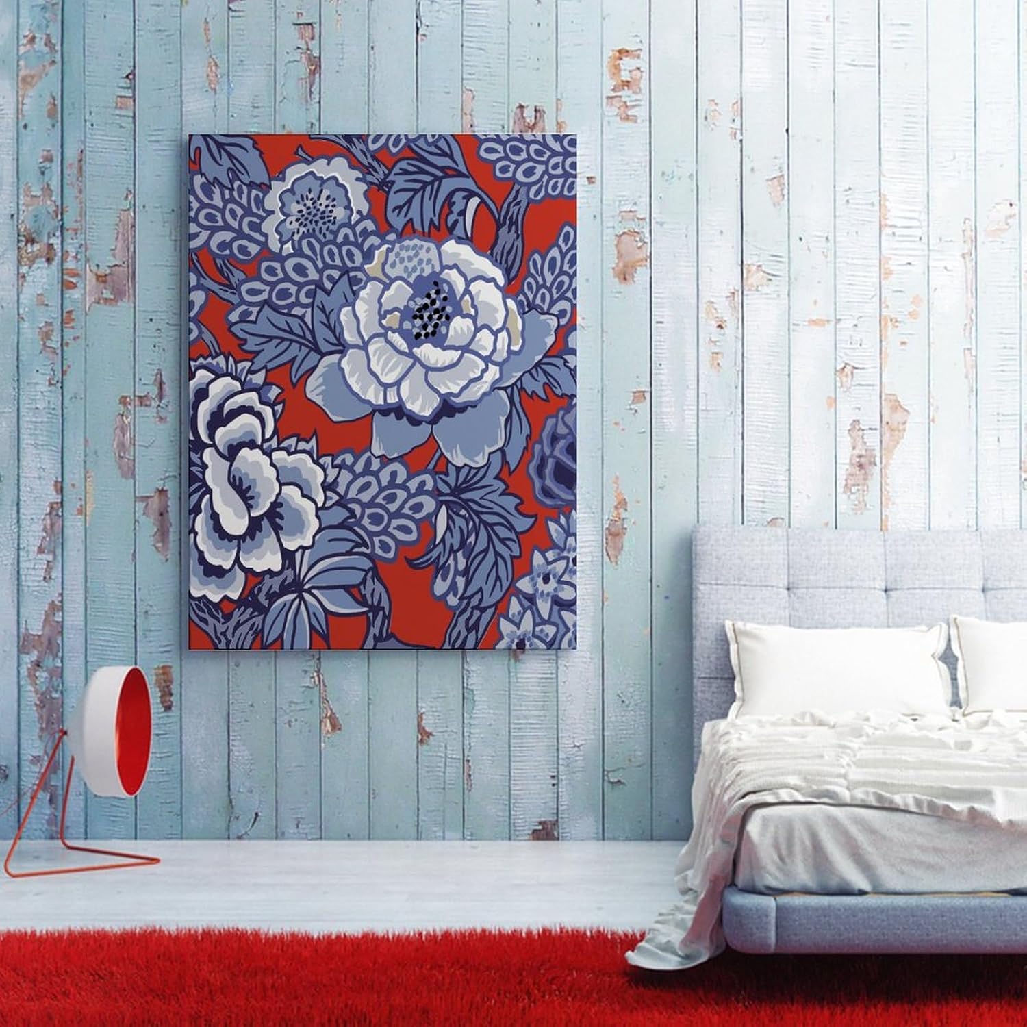 Wall Art Canvas 12x16in,Chinoiserie Red and Blue Peony Floral Canvas Wall Art Typography Home Office Wall Decor Prints Framed Artwork for Bed Living Room Modern Paintings on Prints Birthday Gifts