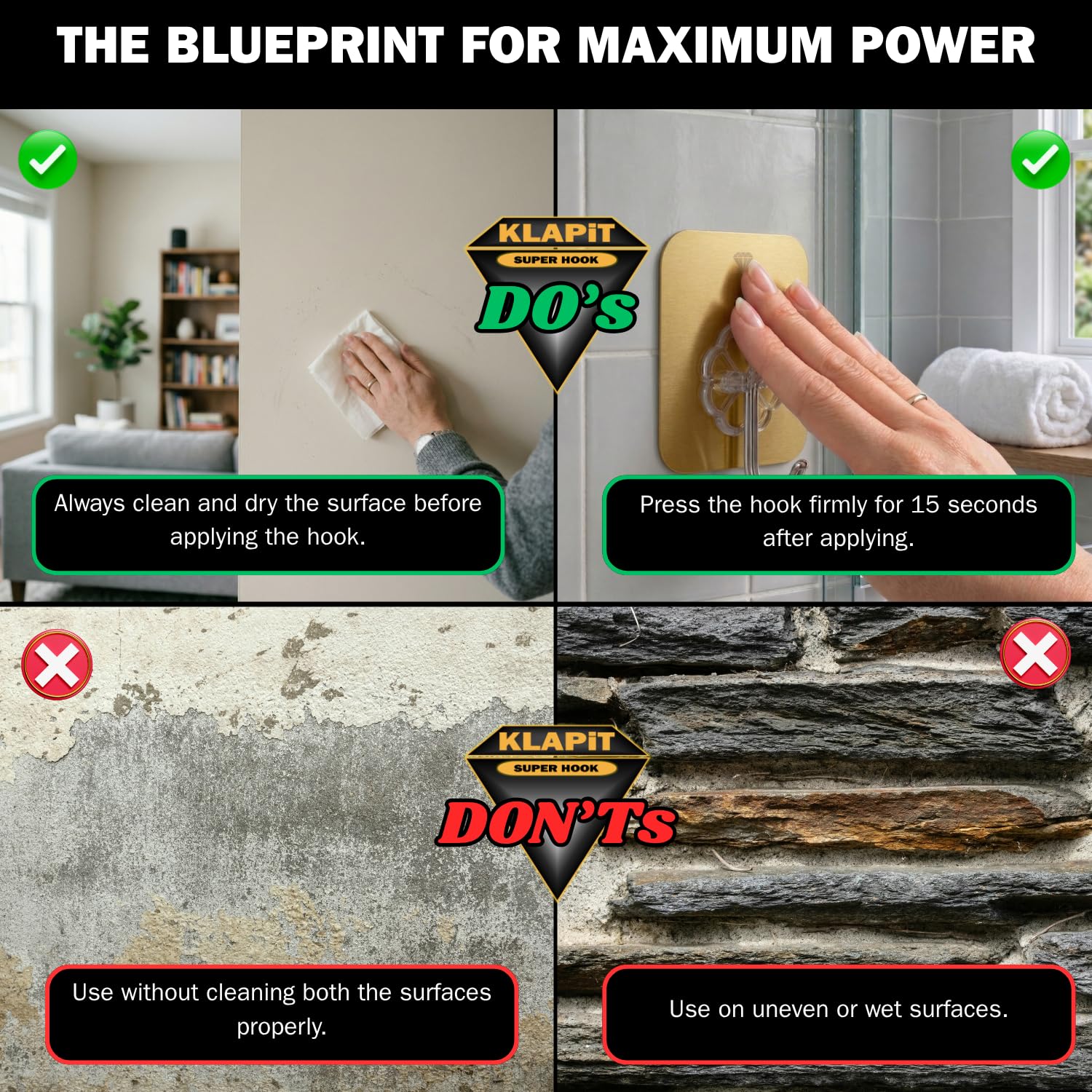 KLAPiT Super Hook - Ganchos adhesivos de pared resistentes, soportan 5 kg, sin taladrar, sin clavos, resistentes al agua y sin daños, solución para colgar para dormitorio, baño y cocina, transparente