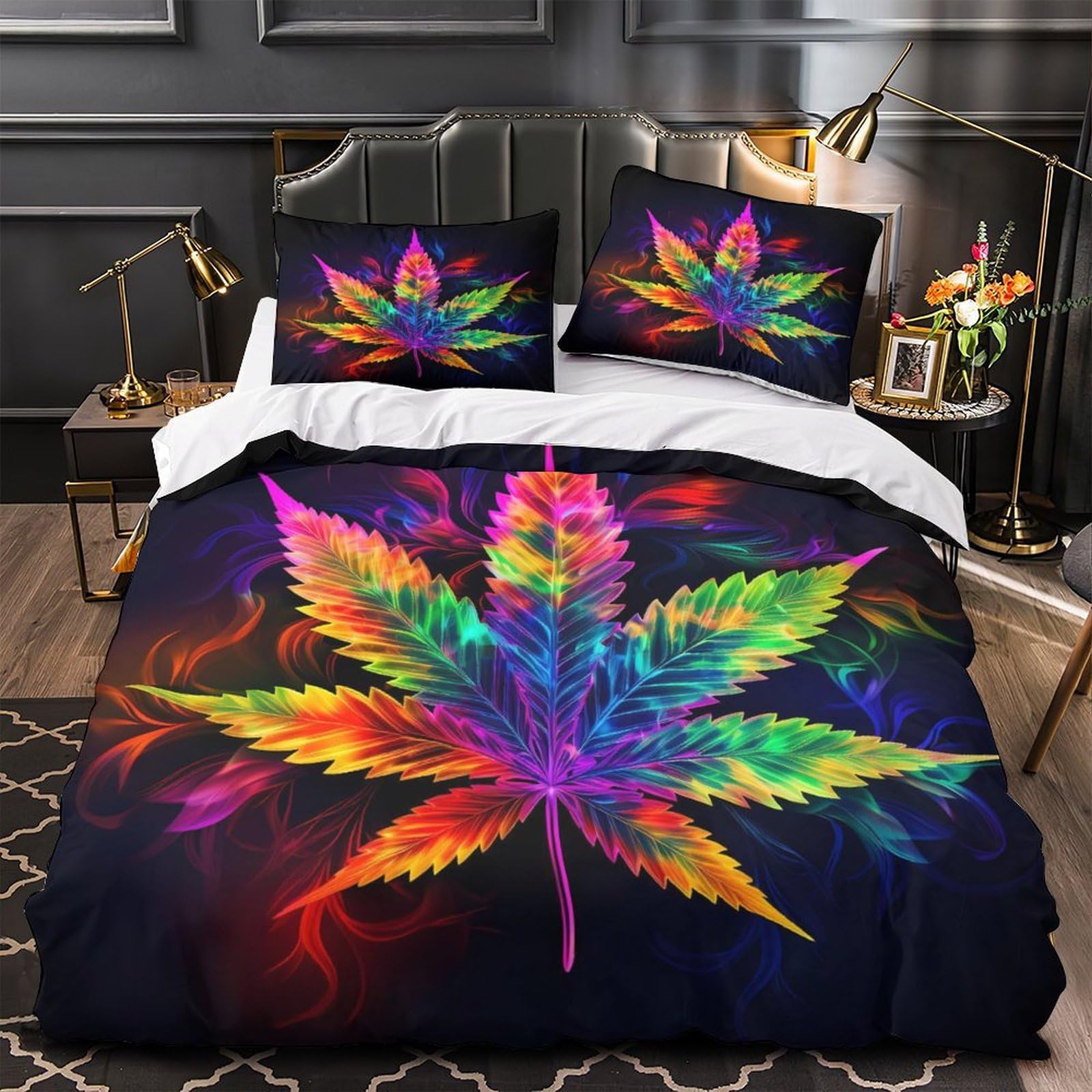 YVASPQRTW Rainbow leaf design 3D Pattern Duvet Insert Cover 3pc Ultra-Soft Microfibre Light Vibrant psychedelic Quilt Cover 2 Pillowcases Concealed Zipper Bed Linen Teens Room Double（200x200cm）