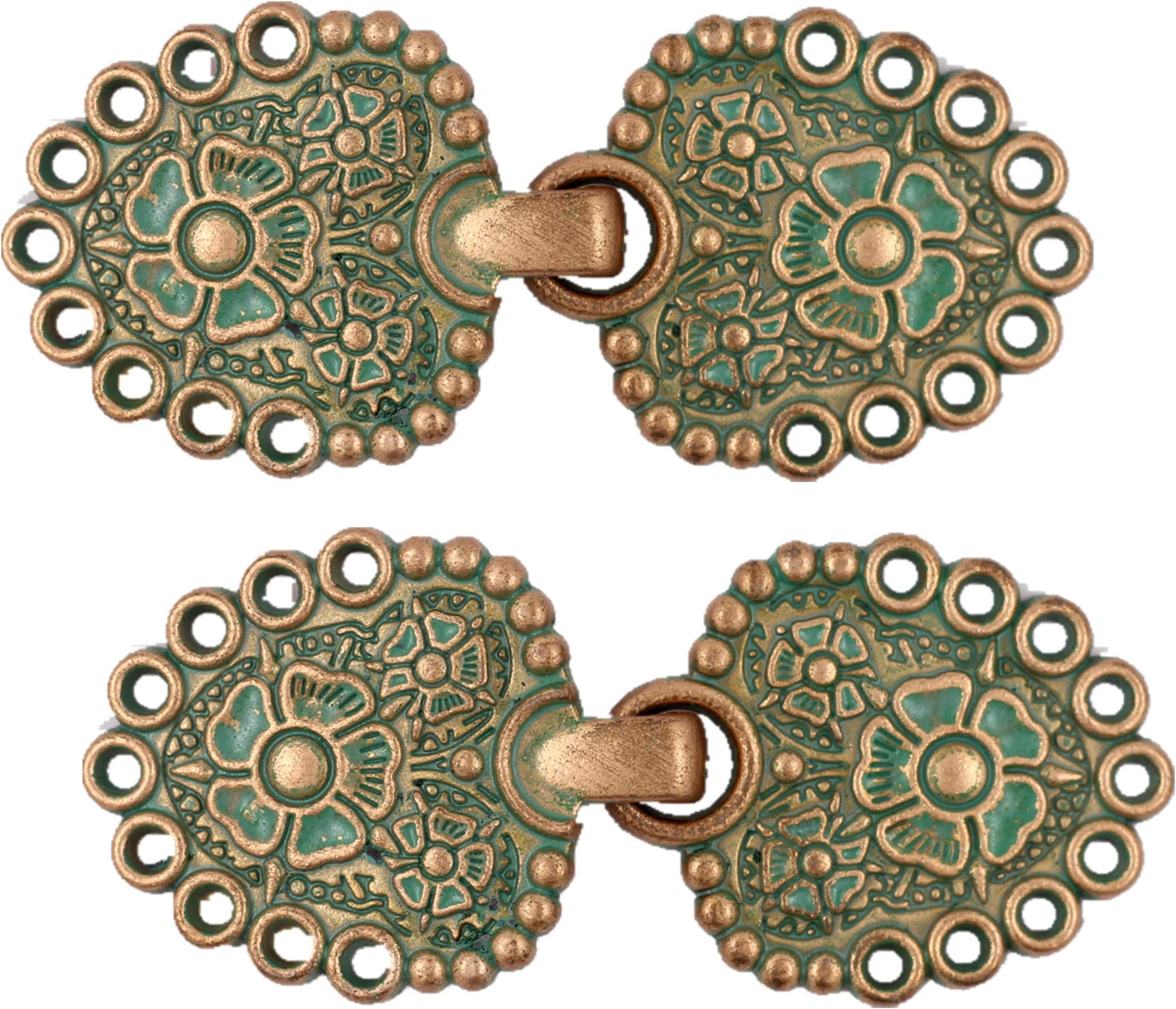 Bezelry Romantic Bouquet Hook and Eye Cloak Clasp Fasteners Pack of 4 Pairs 62mm x 25mm Fastened. (Copper Green)
